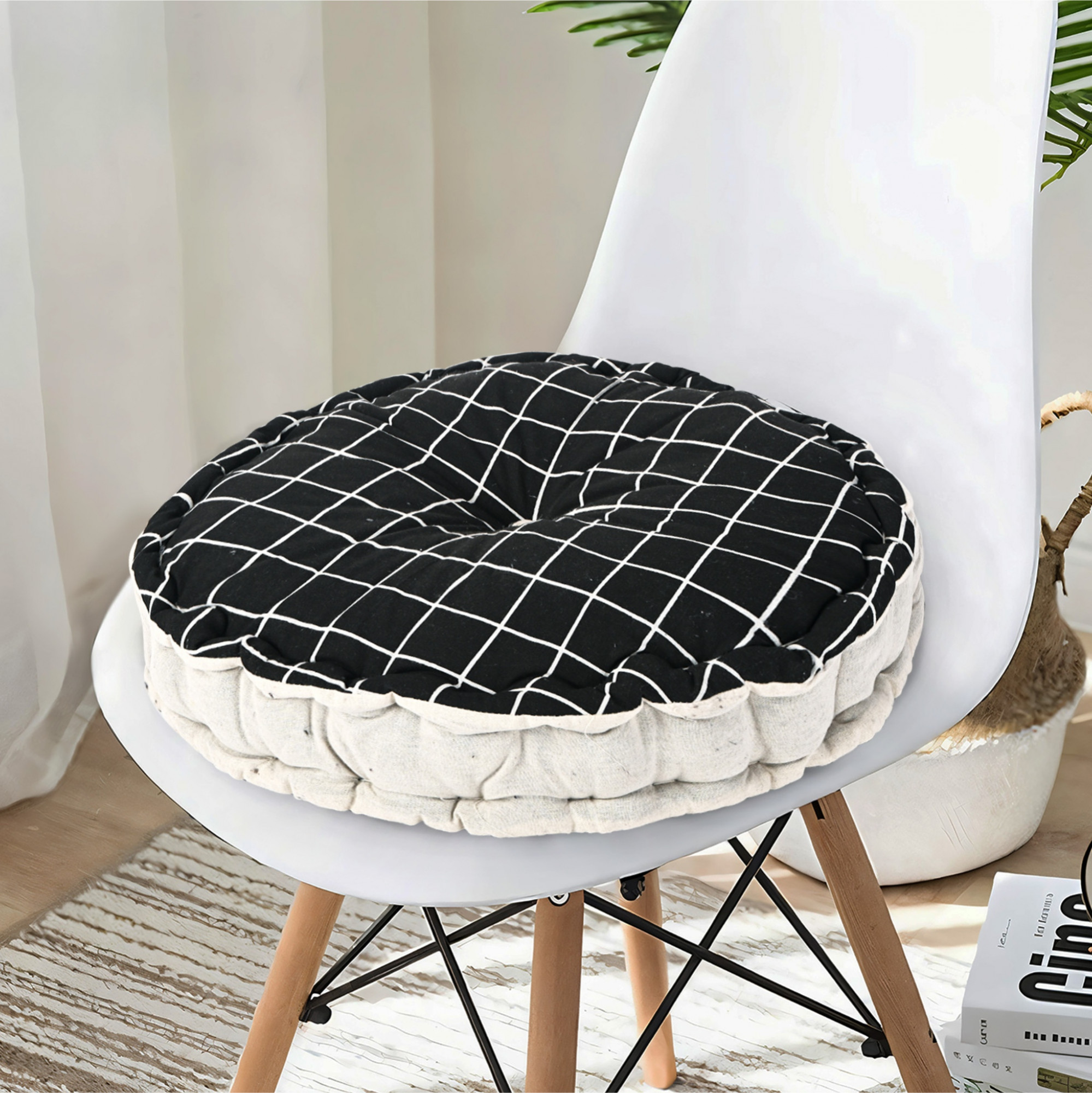 Cotton 16x16 Inch Sitting Chair Cushion Pads  Button Sitting Cushion  Back Rest for Chair  Cushion for Office Dining Chair Car IndoorOutdoor  Round Check - Black