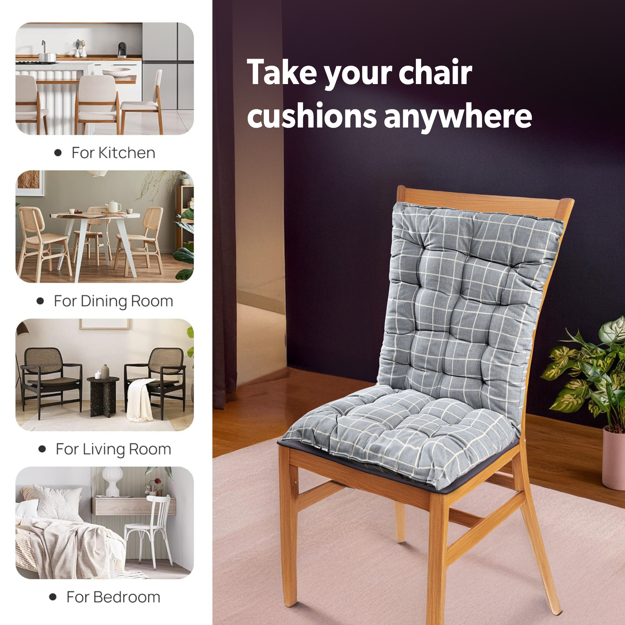 Cotton 18x36 Inch Long Comfortable Rocking Chair Cushion with Ties  Back Rest  Seat Cushions Chair Pad for Rocking Chairs  Chair Cushion for Office  Home Use  Check - Grey