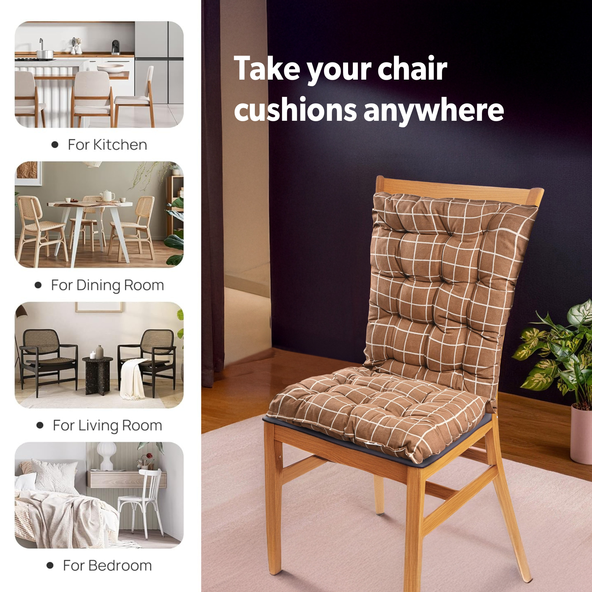 Cotton 18x36 Inch Long Comfortable Rocking Chair Cushion with Ties  Back Rest  Seat Cushions Chair Pad for Rocking Chairs  Chair Cushion for Office  Home Use  Check - Brown