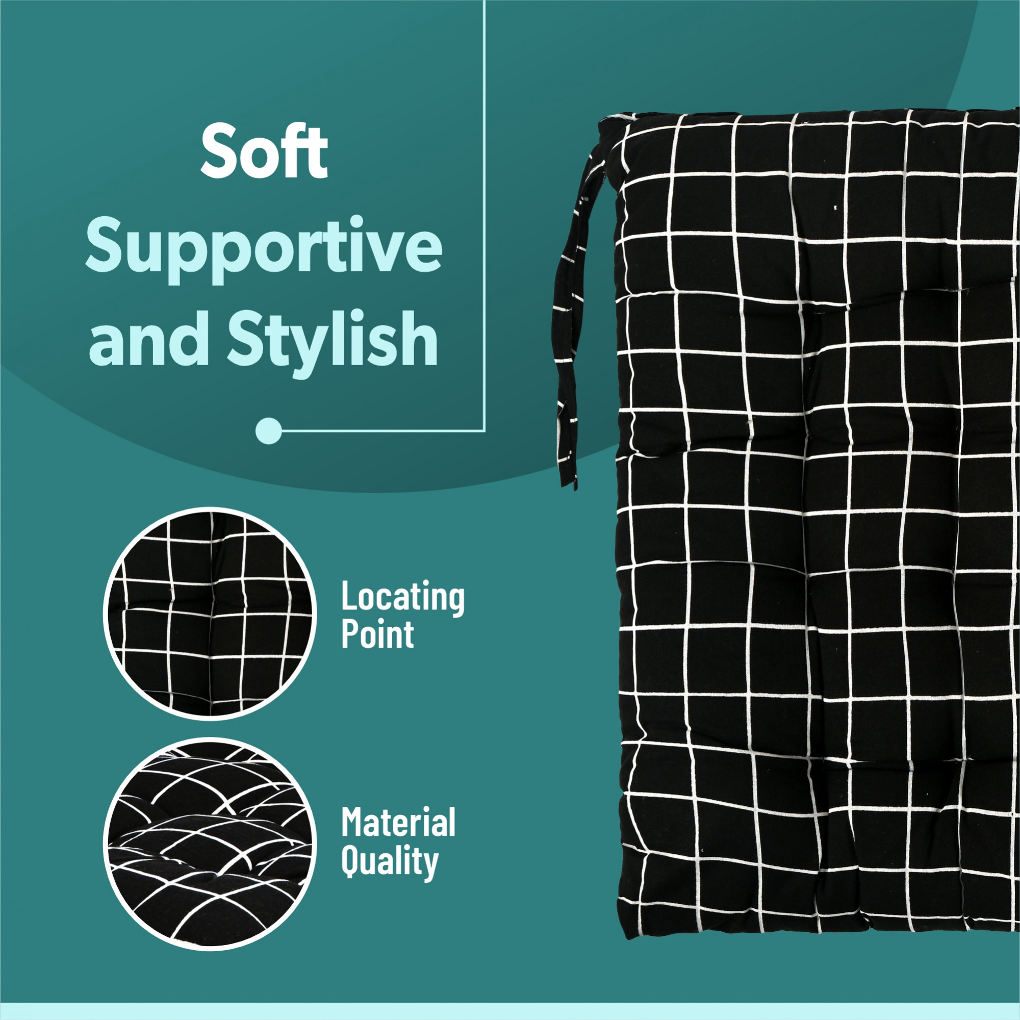 Cotton 24x24 Inch Comfort Chair Cushion for Sitting  Rocking Chairs Cushion for Car Seat  Office Chair  Cushion with Ties for Home Office Meditation Yoga  Square Check - Black