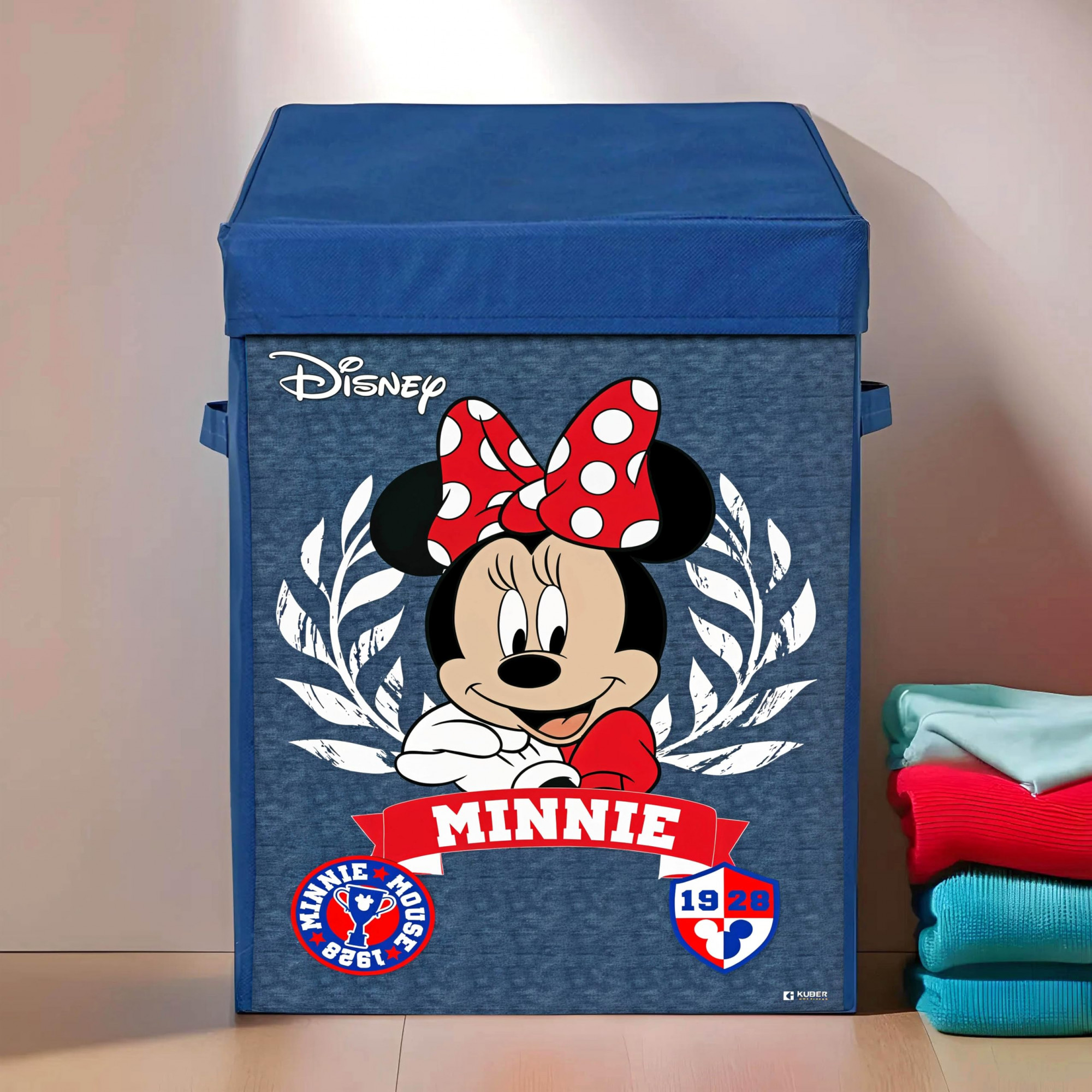Disney Minnie Print Foldable Laundry BasketClothes Storage Basket With Handle  Lid60 LtrNavy Blue