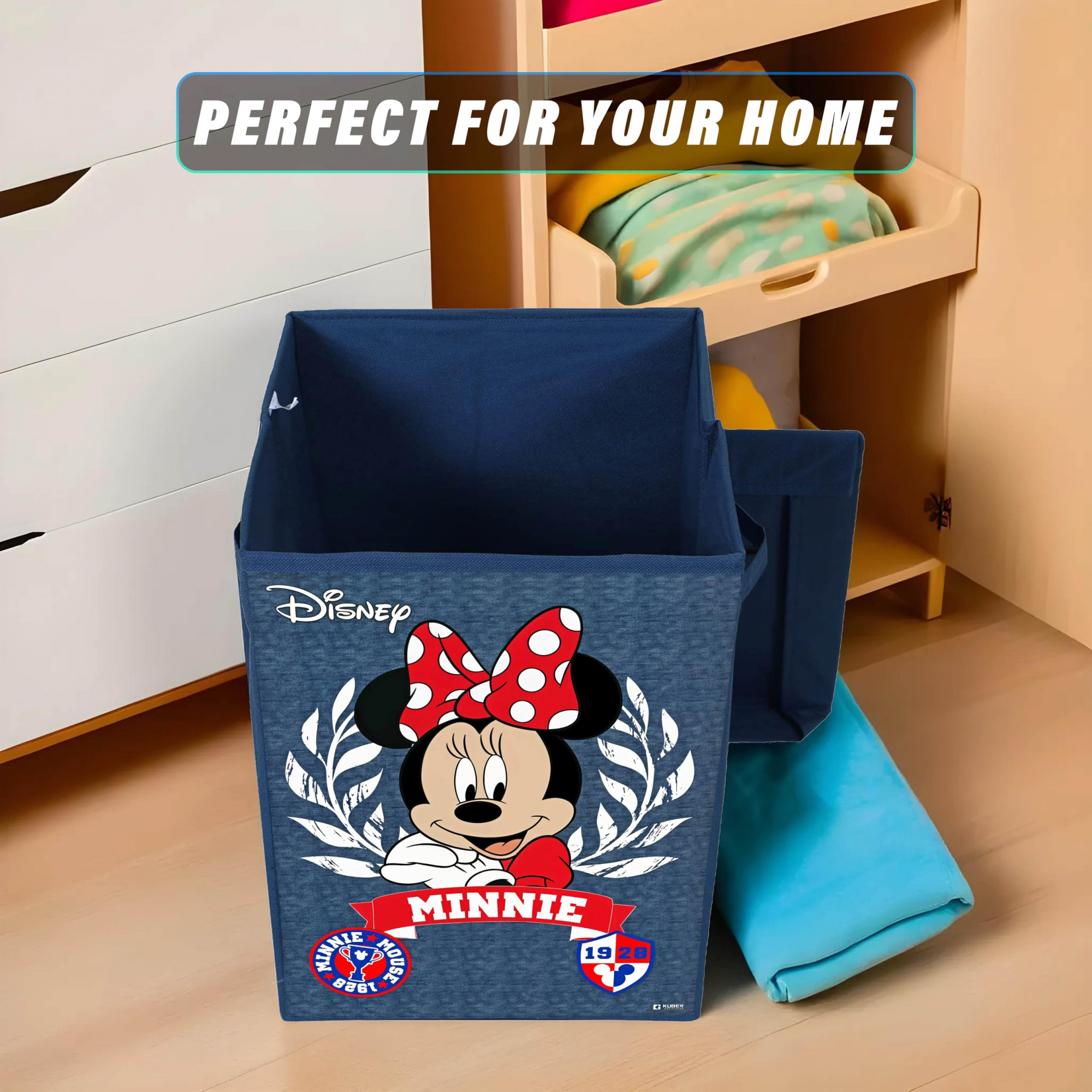 Disney Minnie Print Foldable Laundry BasketClothes Storage Basket With Handle  Lid60 LtrNavy Blue