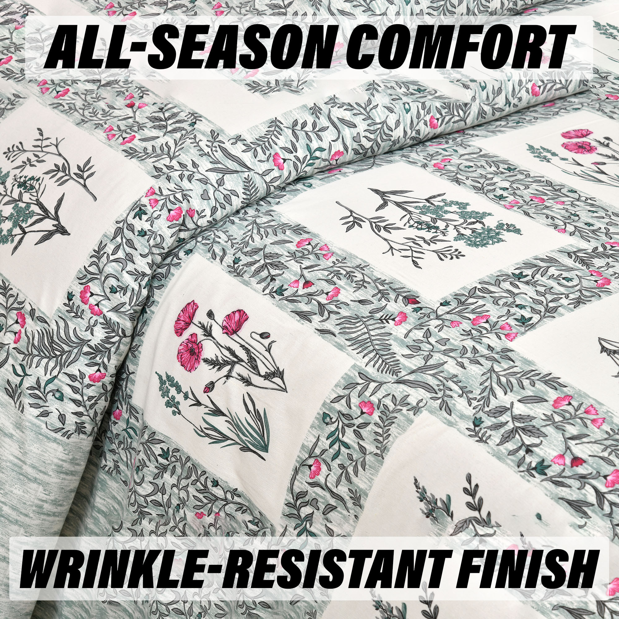 Double Bedsheet with 2 Pillow Covers  160 TC Premium Cotton Bedsheet for Double Bed  Bedsheet for Living Room-Home  Hotels  Dezier Check Flower  90x108 Inch  Mint Green