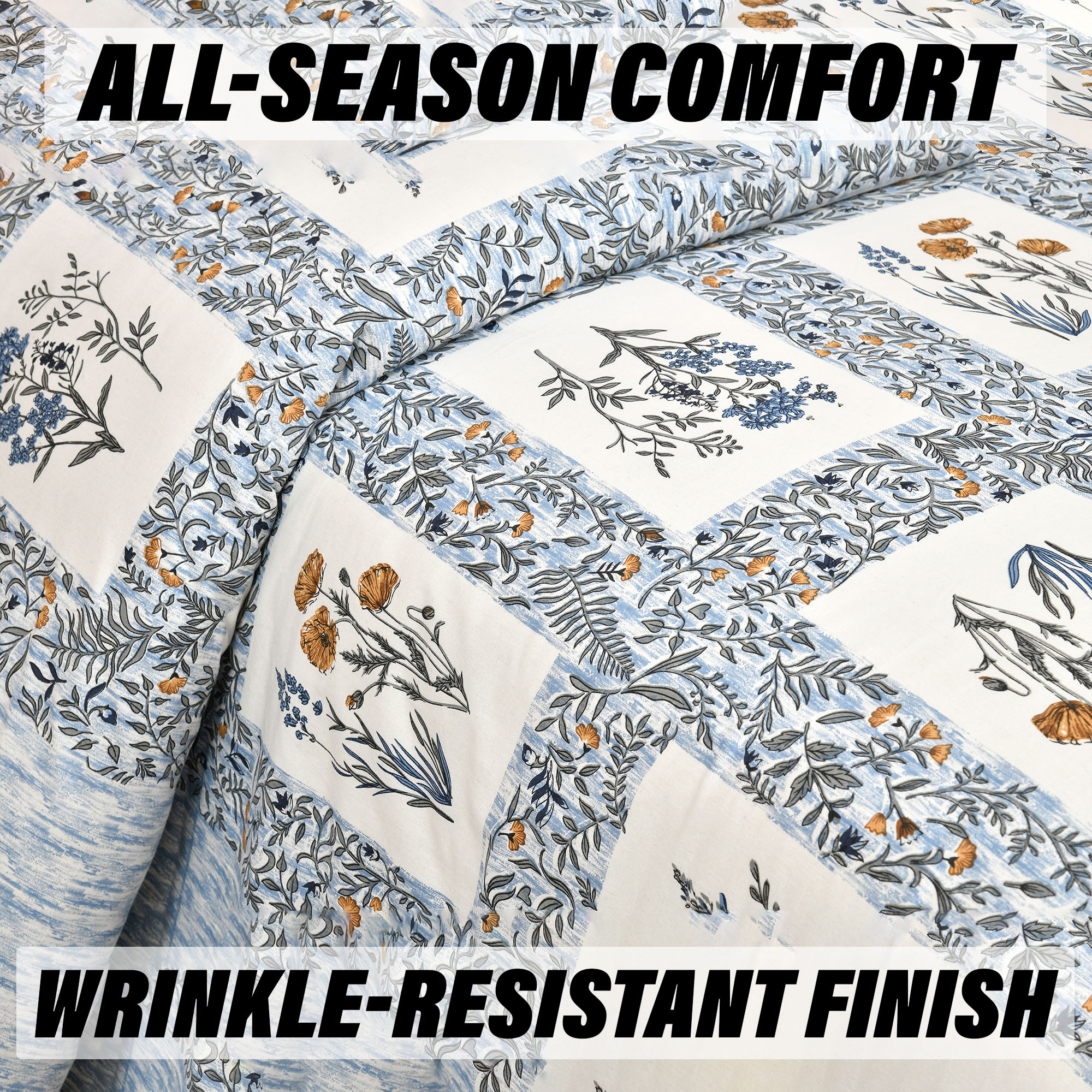 Double Bedsheet with 2 Pillow Covers  160 TC Premium Cotton Bedsheet for Double Bed  Bedsheet for Living Room-Home  Hotels  Dezier Check Flower  90x108 Inch  Blue