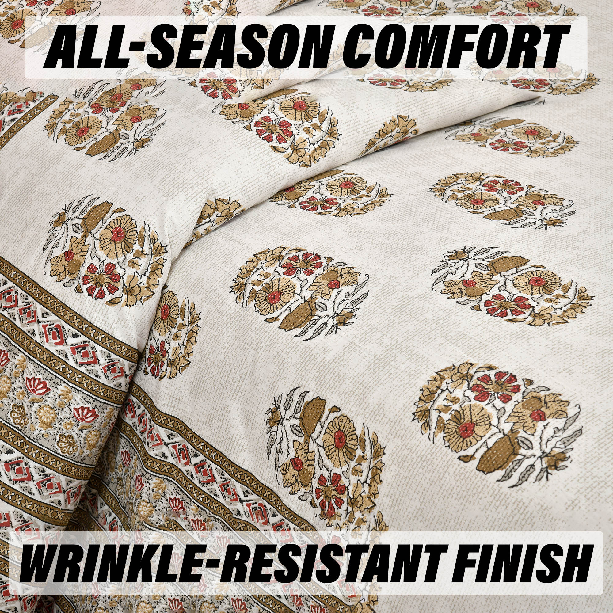 Double Bedsheet with 2 Pillow Covers  160 TC Premium Cotton Bedsheet for Double Bed  Bedsheet for Living Room-Home  Hotels  Dezier Flower Boota  90x108 Inch  Beige