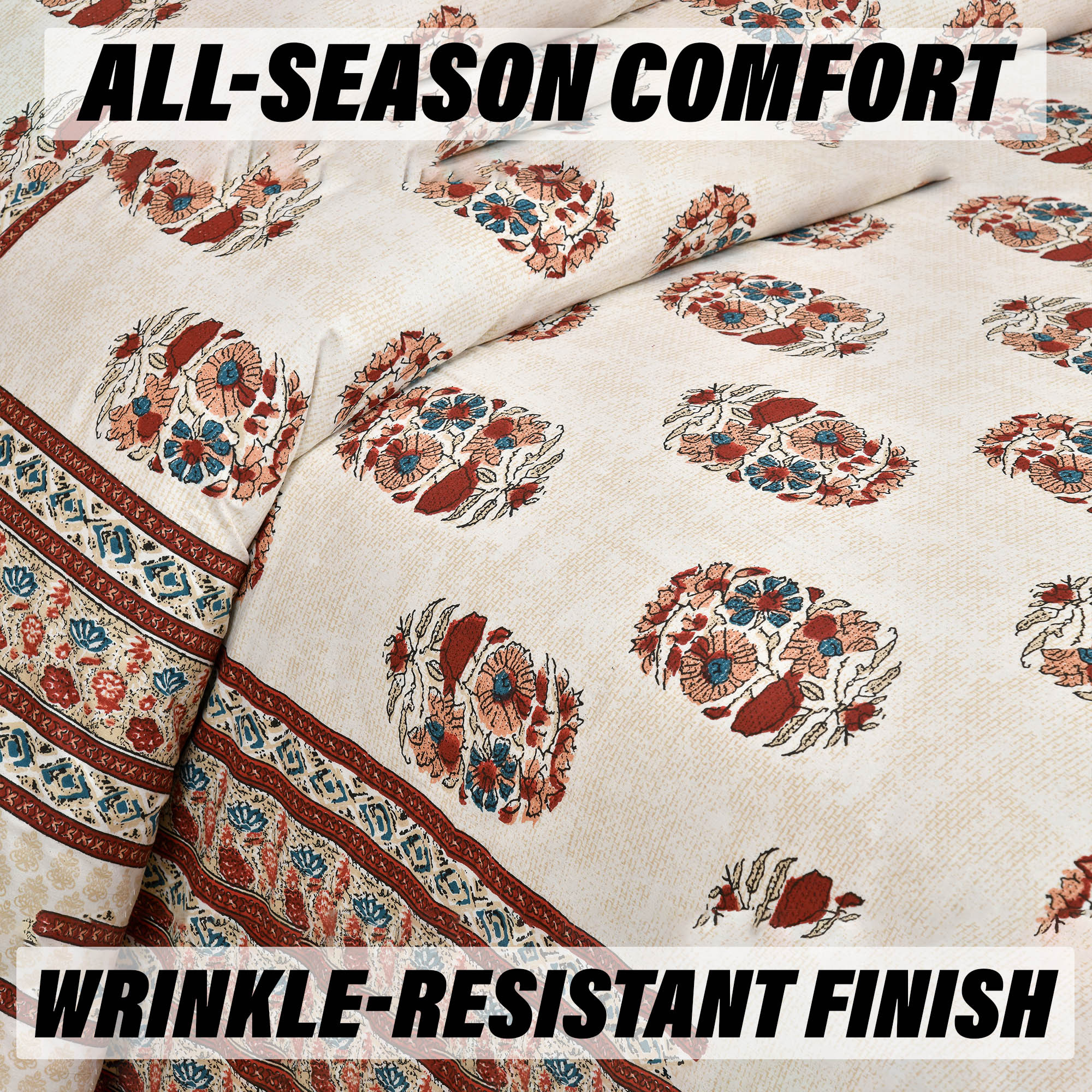 Double Bedsheet with 2 Pillow Covers  160 TC Premium Cotton Bedsheet for Double Bed  Bedsheet for Living Room-Home  Hotels  Dezier Flower Boota  90x108 Inch  Cream