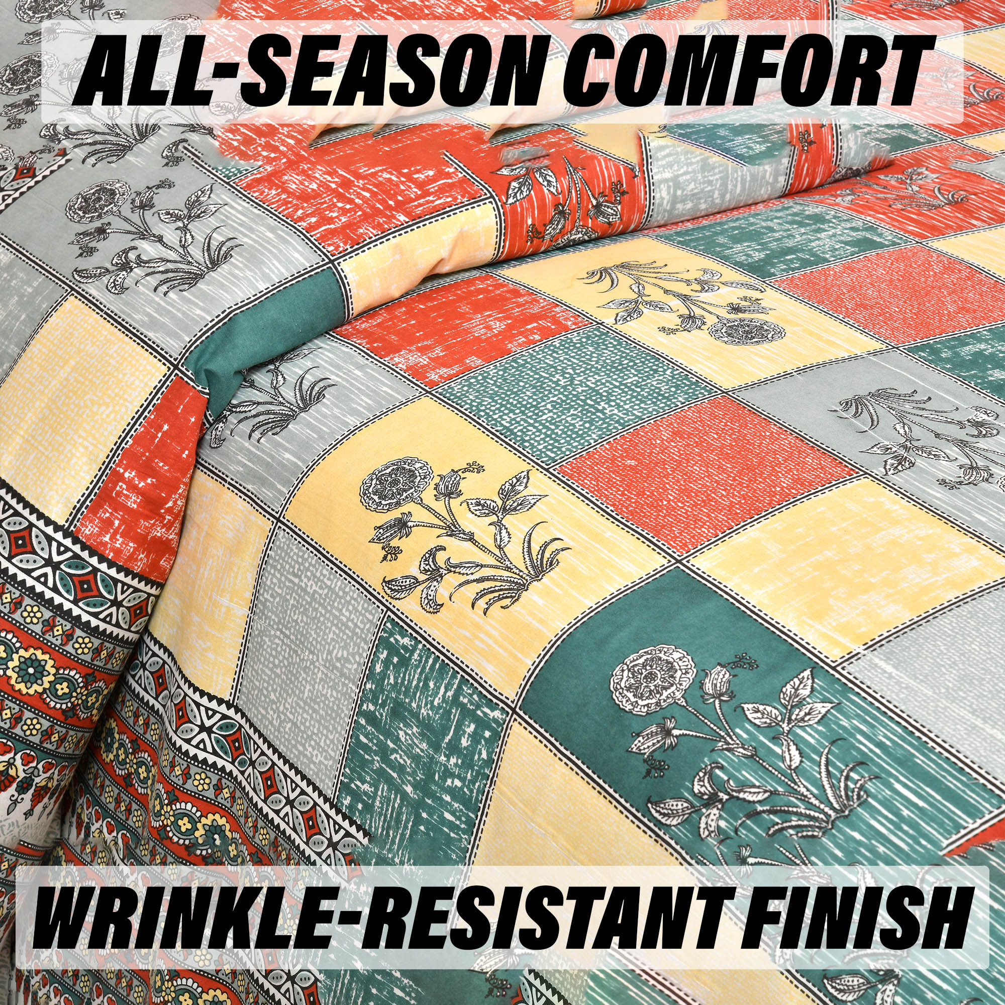 Double Bedsheet with 2 Pillow Covers  160 TC Premium Cotton Bedsheet for Double Bed  Bedsheet for Living Room-Home  Hotels  Candy Flower  100x108 Inch  Green  Yellow