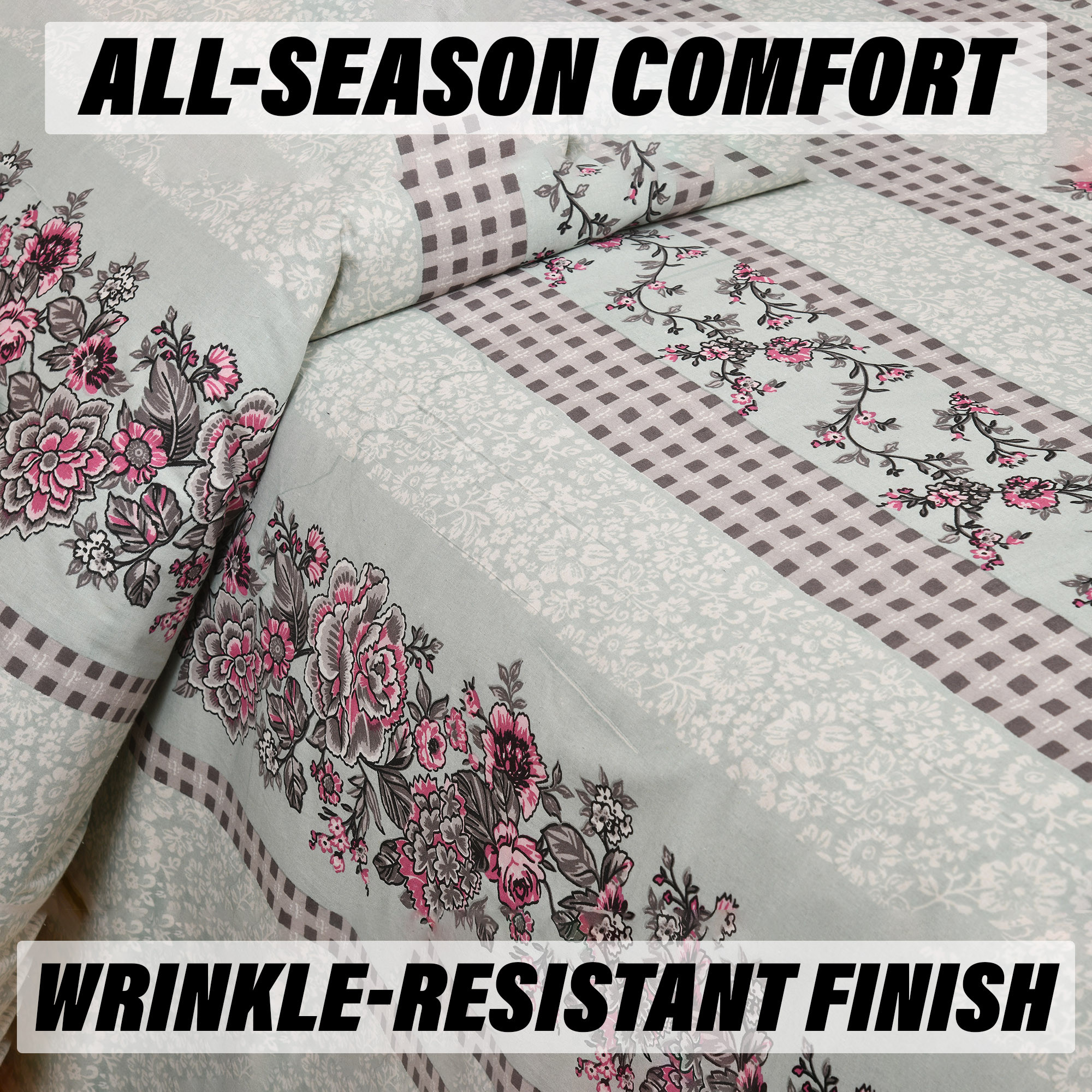 Double Bedsheet with 2 Pillow Covers  160 TC Premium Cotton Bedsheet for Double Bed  Bedsheet for Living Room-Home  Hotels  Spain Flower Lining  100x108 Inch  Green