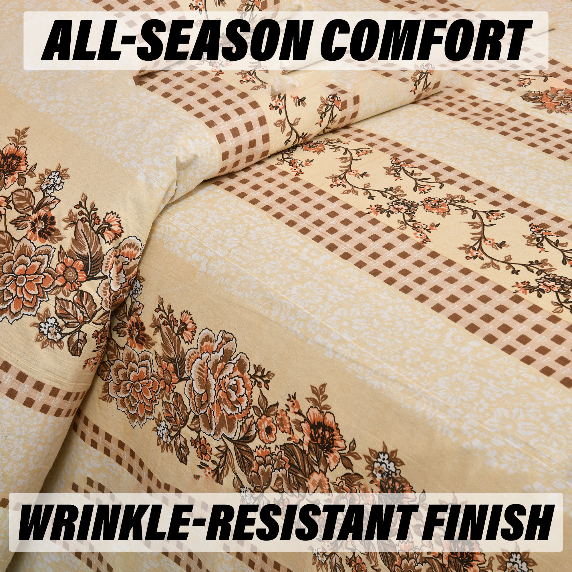 Double Bedsheet with 2 Pillow Covers  160 TC Premium Cotton Bedsheet for Double Bed  Bedsheet for Living Room-Home  Hotels  Spain Flower Lining  100x108 Inch  Cream