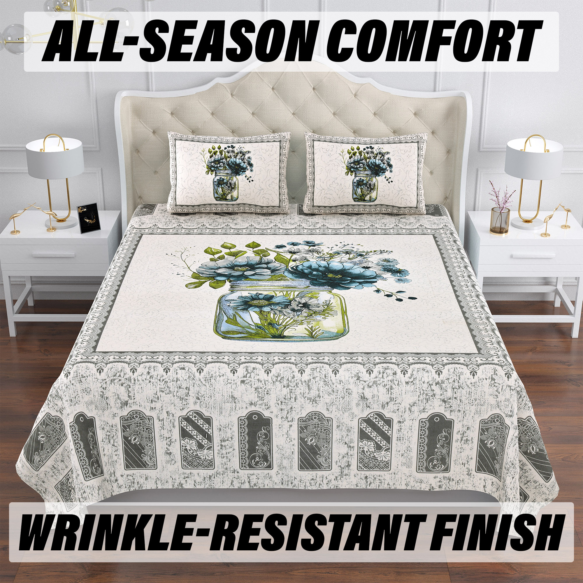 Double Bedsheet with 2 Pillow Covers  160 TC Premium Cotton Bedsheet for Double Bed  Bedsheet for Living Room-Home  Hotels  Photo Frame Flower Pot  100x108 Inch  Gray