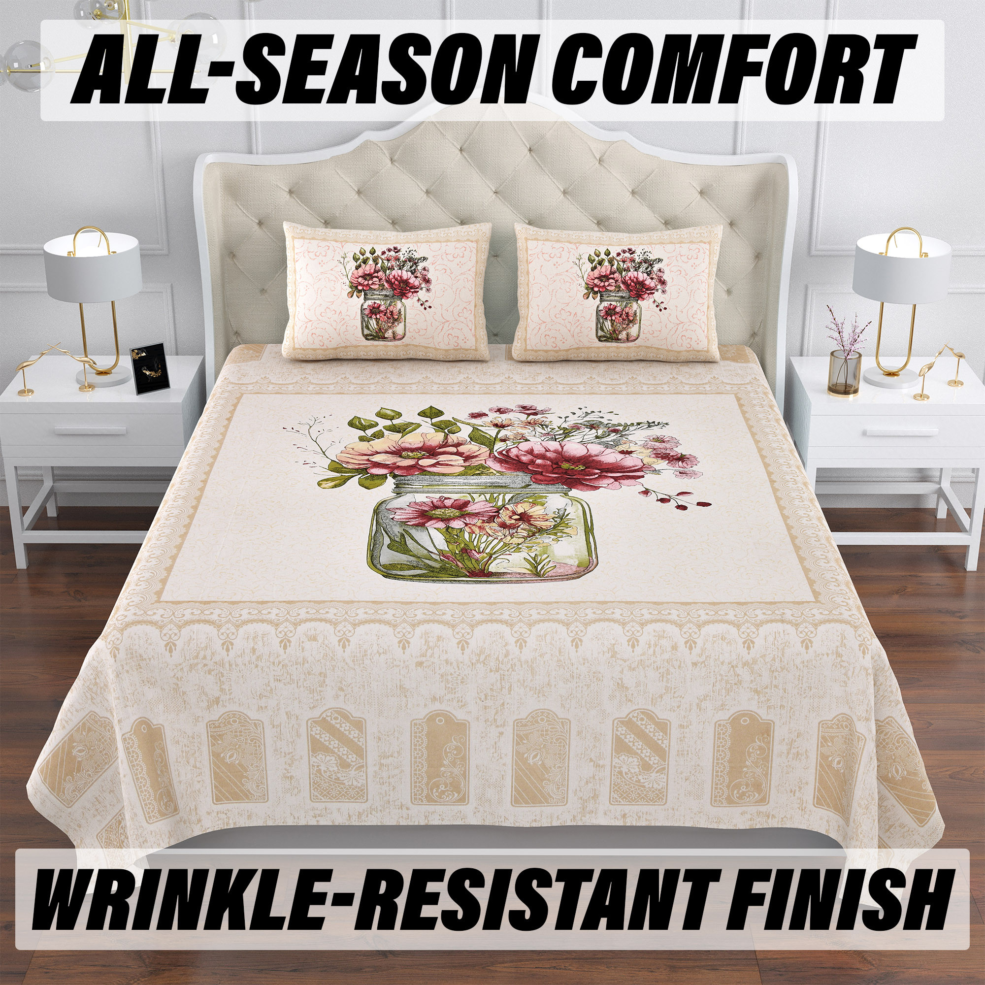Double Bedsheet with 2 Pillow Covers  160 TC Premium Cotton Bedsheet for Double Bed  Bedsheet for Living Room-Home  Hotels  Photo Frame Flower Pot  100x108 Inch  Cream