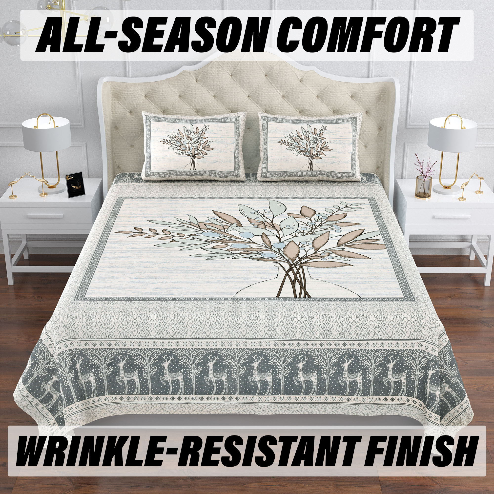 Double Bedsheet with 2 Pillow Covers  160 TC Premium Cotton Bedsheet for Double Bed  Bedsheet for Living Room-Home  Hotels  Photo Frame Tree  100x108 Inch  Blue