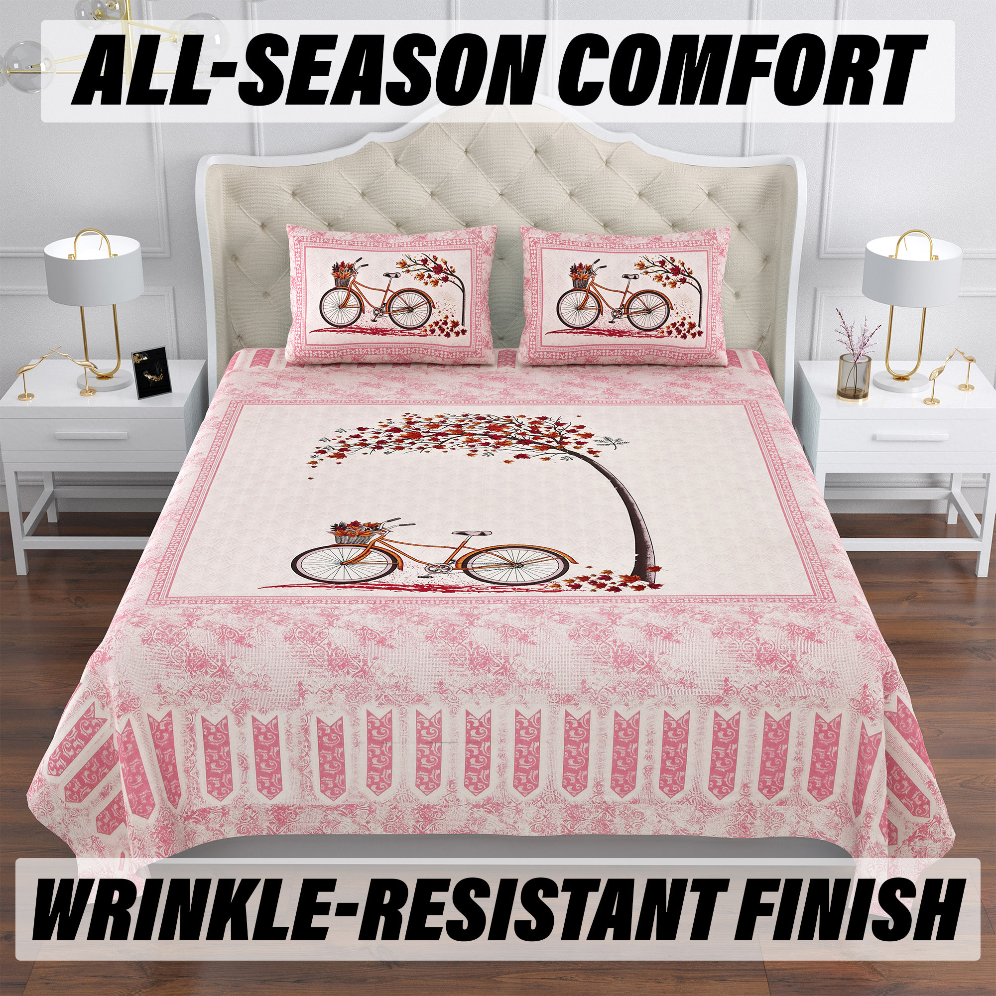 Double Bedsheet with 2 Pillow Covers  160 TC Premium Cotton Bedsheet for Double Bed  Bedsheet for Living Room-Home  Hotels  Photo Frame Cycle  100x108 Inch  Pink