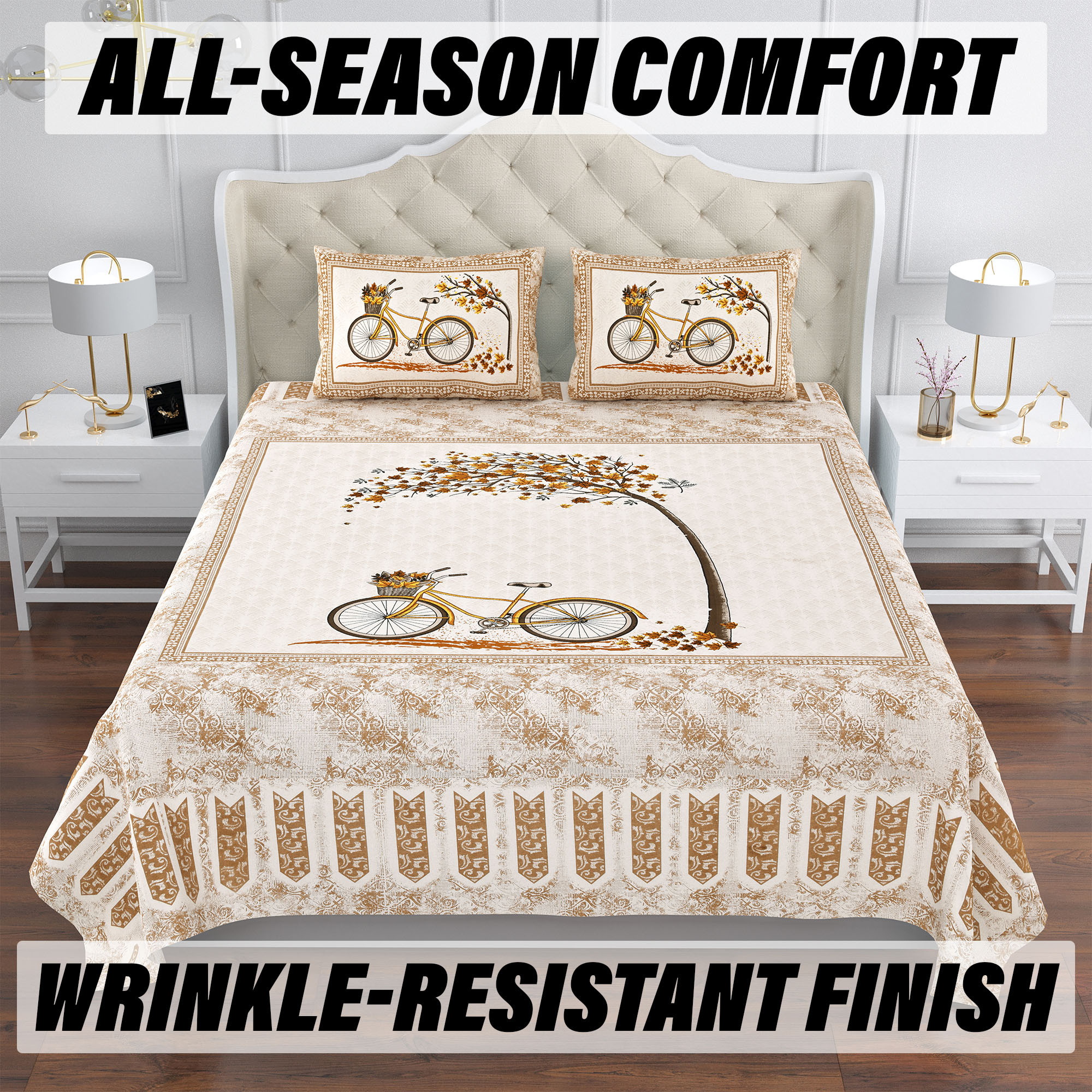 Double Bedsheet with 2 Pillow Covers  160 TC Premium Cotton Bedsheet for Double Bed  Bedsheet for Living Room-Home  Hotels  Photo Frame Cycle  100x108 Inch  Brown