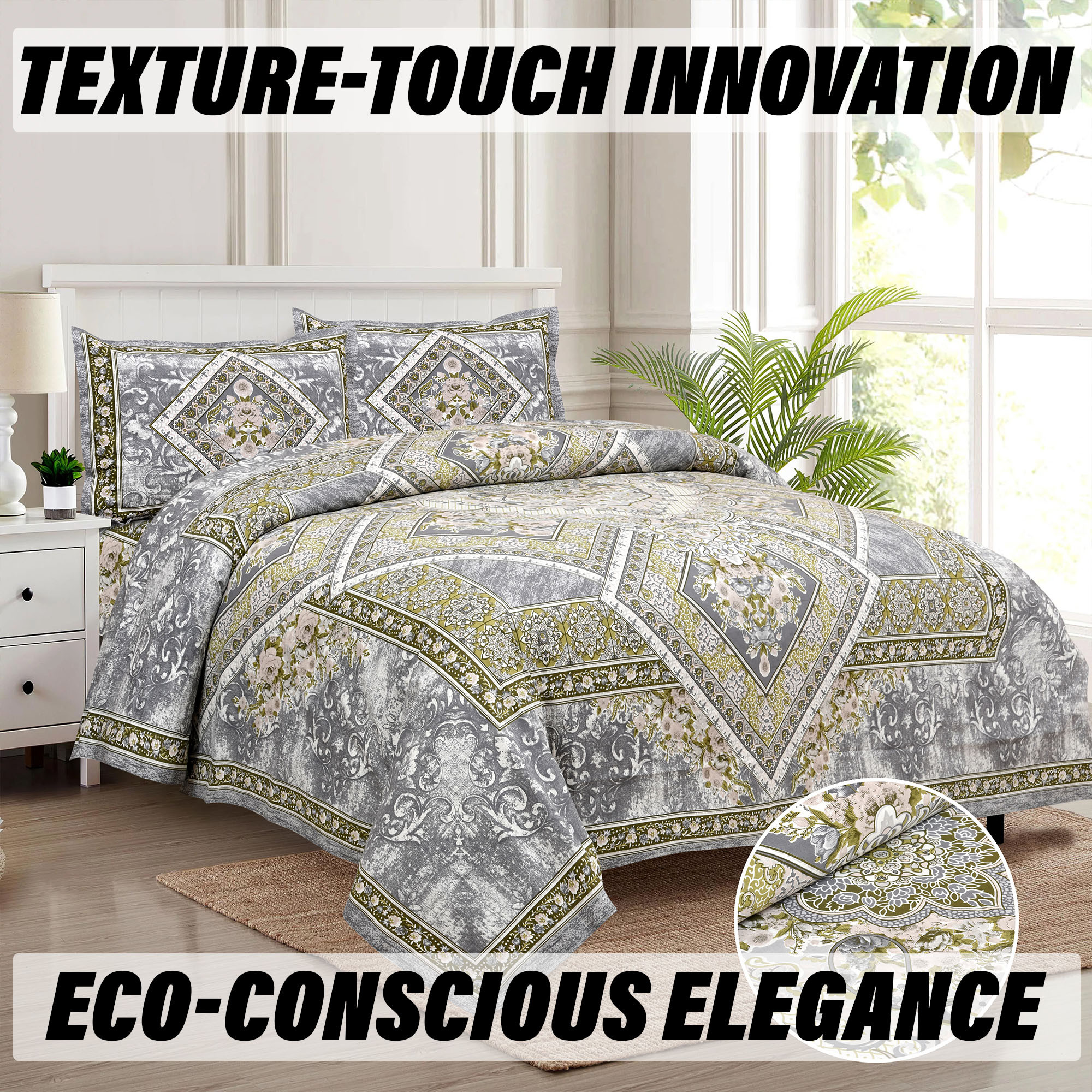 Double Bedsheet with 2 Pillow Covers  186 TC Premium Cotton Bedsheet for Double Bed  Bedsheet for Living Room-Home  Hotels  Arabic Beauty Flower Square  100x108 Inch  Gray