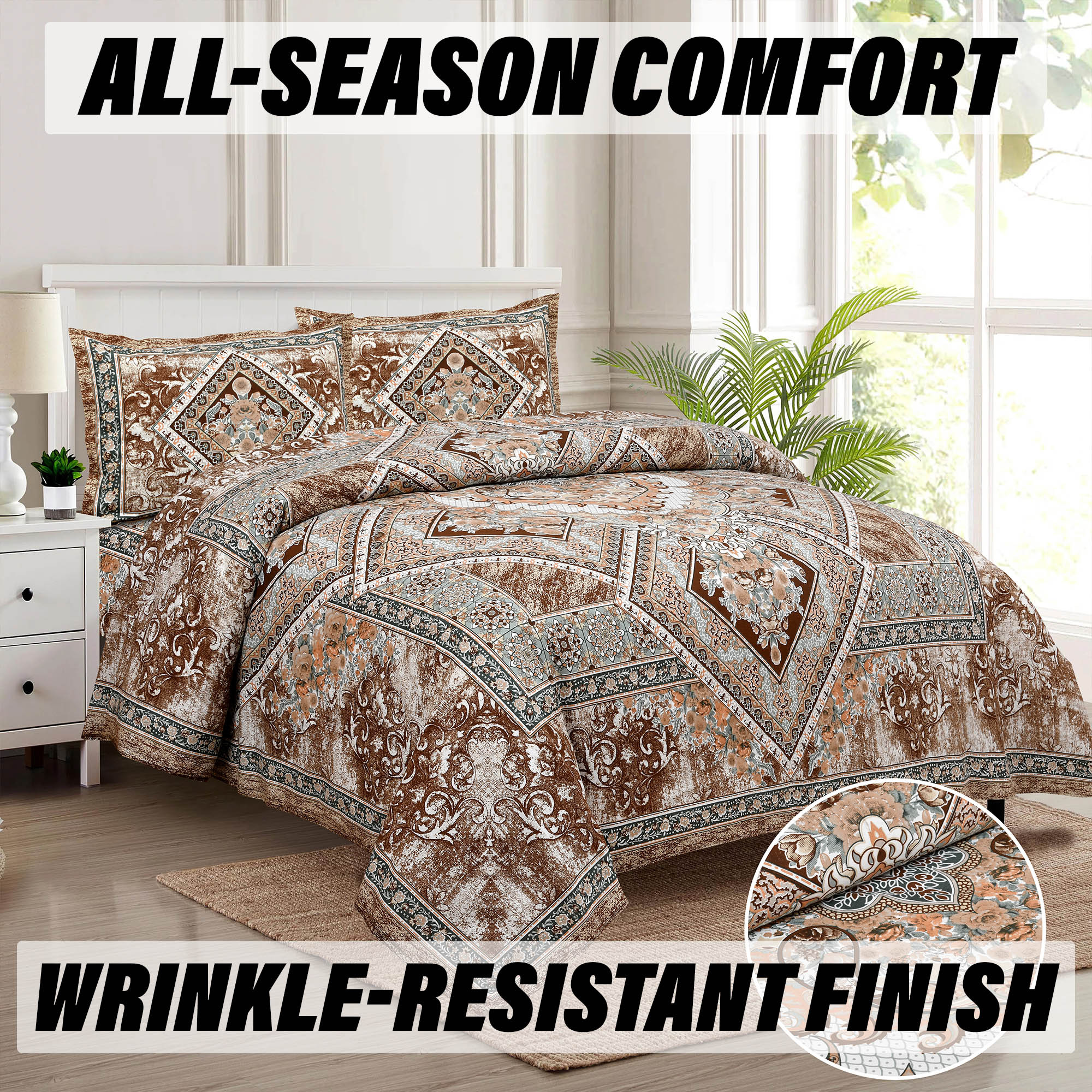 Double Bedsheet with 2 Pillow Covers  186 TC Premium Cotton Bedsheet for Double Bed  Bedsheet for Living Room-Home  Hotels  Arabic Beauty Flower Square  100x108 Inch  Brown