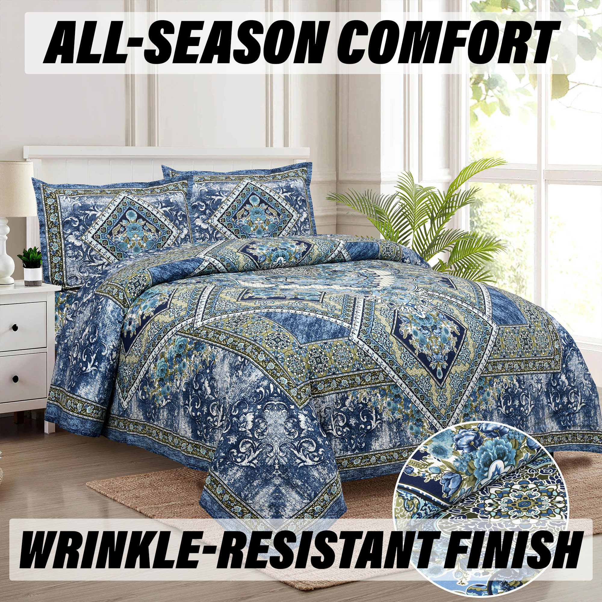 Double Bedsheet with 2 Pillow Covers  186 TC Premium Cotton Bedsheet for Double Bed  Bedsheet for Living Room-Home  Hotels  Arabic Beauty Flower Square  100x108 Inch  Blue