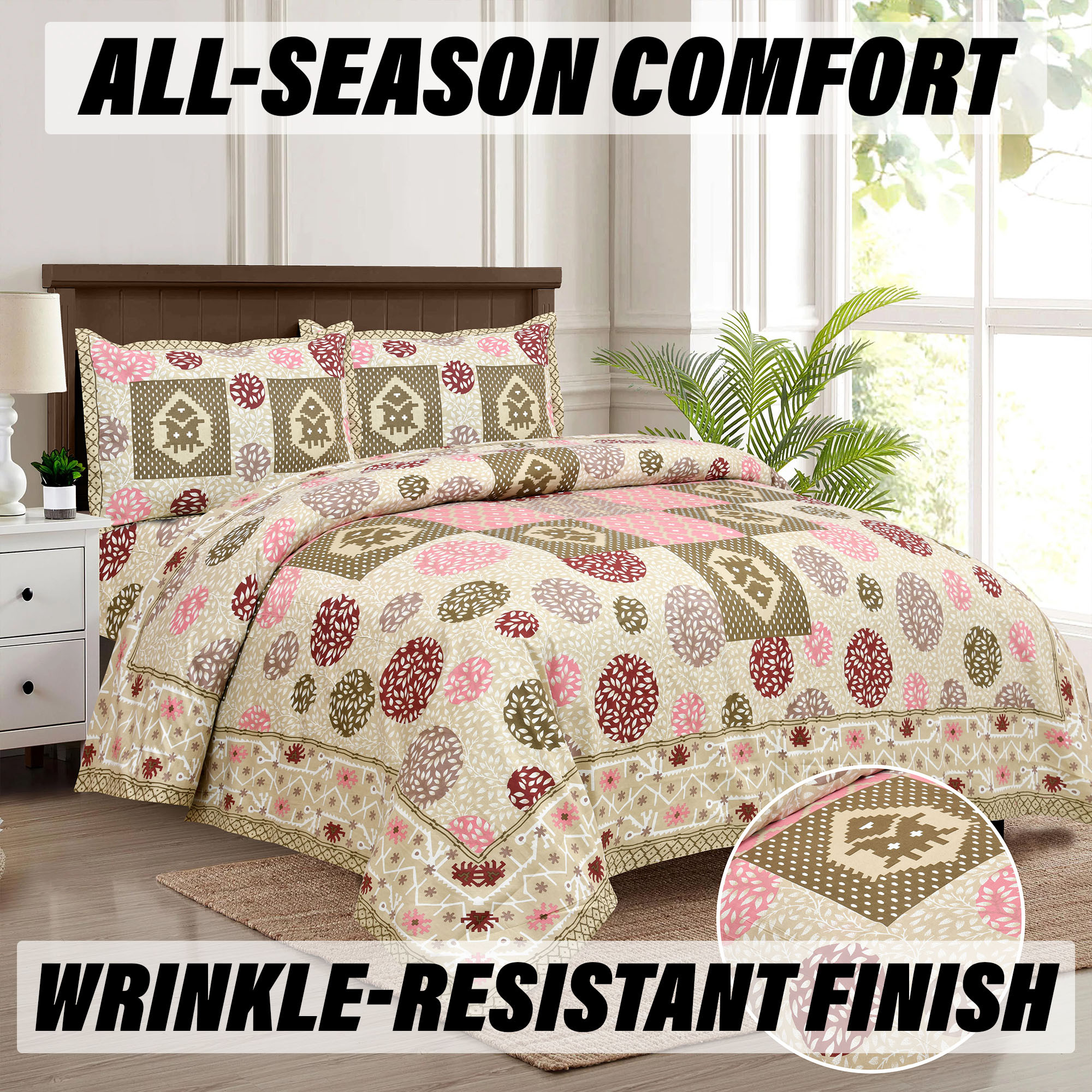 Double Bedsheet with 2 Pillow Covers  186 TC Premium Cotton Bedsheet for Double Bed  Bedsheet for Living Room-Home  Hotels  Arabic Beauty Gola  100x108 Inch  Beige