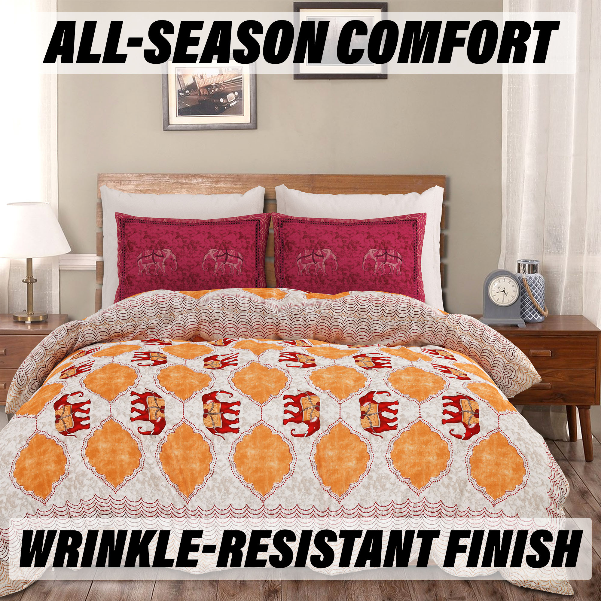 Double Bedsheet with 2 Pillow Covers  186 TC Premium Cotton Bedsheet for Double Bed  Bedsheet for Living Room-Home  Hotels  Embroidery Elephant  100x108 Inch  Yellow