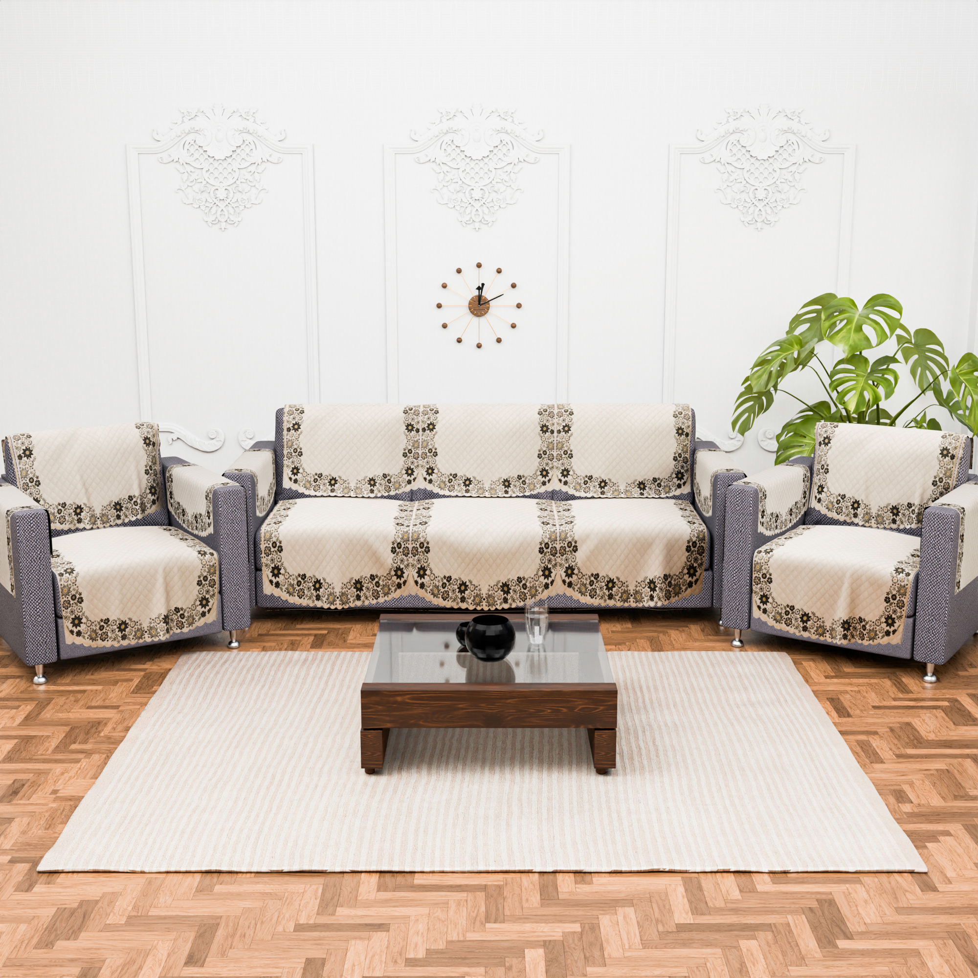 Kuber Industries 2 Seater Sofa Set Cover  Sofa Slipcover Protector for Home Living Room Hall  Office Couch  Quilted Border Paiting - Cream