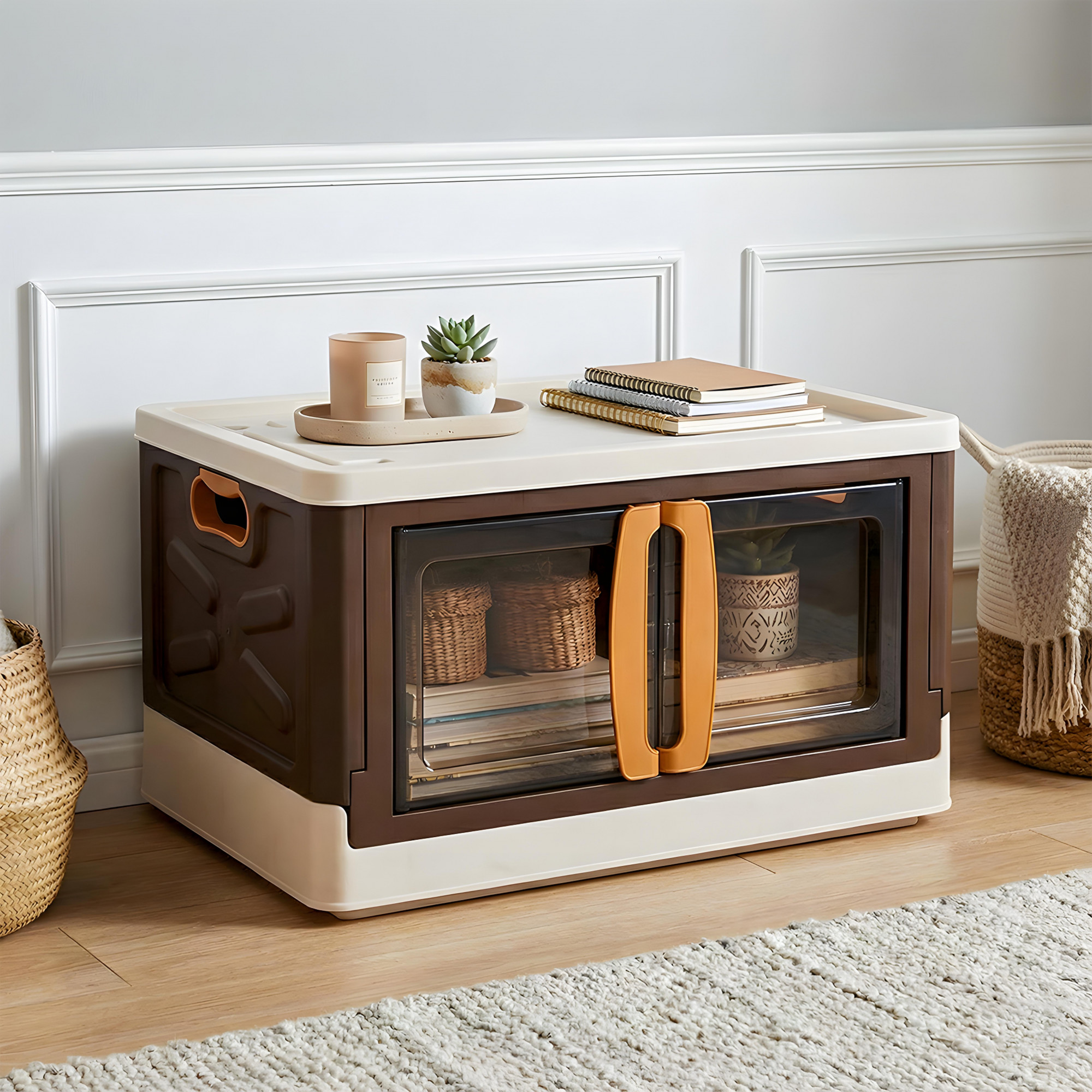 Drawer Cabinet Storage Organizer Box Foldable Cupboard for BedroomOffice  Double Door Storage Unit for ToysBooksShoe  Brown  Ivory