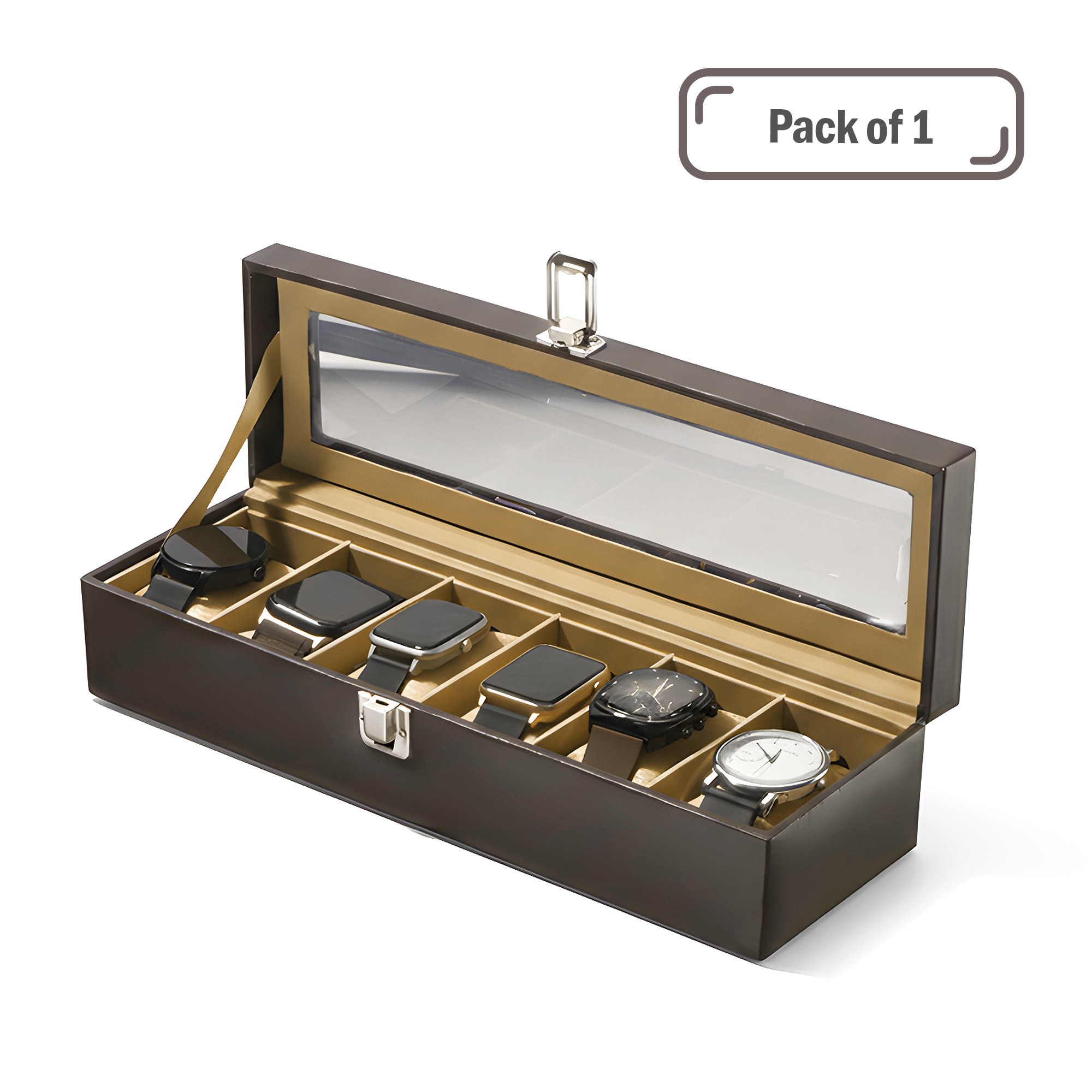 Faux Leather 6 Slots Wrist Watch Organiser Box with Transparent Lid  Watches Collection Case with Removable Soft Pillows  Brown  Golden