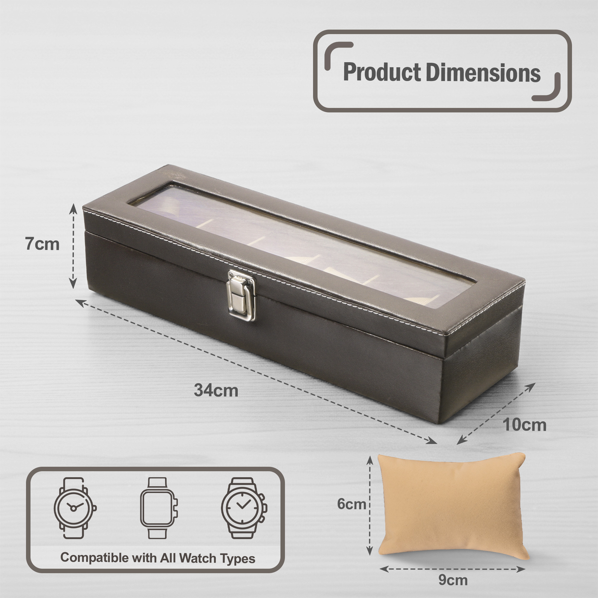 Faux Leather 6 Slots Wrist Watch Organiser Box with Transparent Lid  Watches Collection Case with Removable Soft Pillows  Brown  Golden