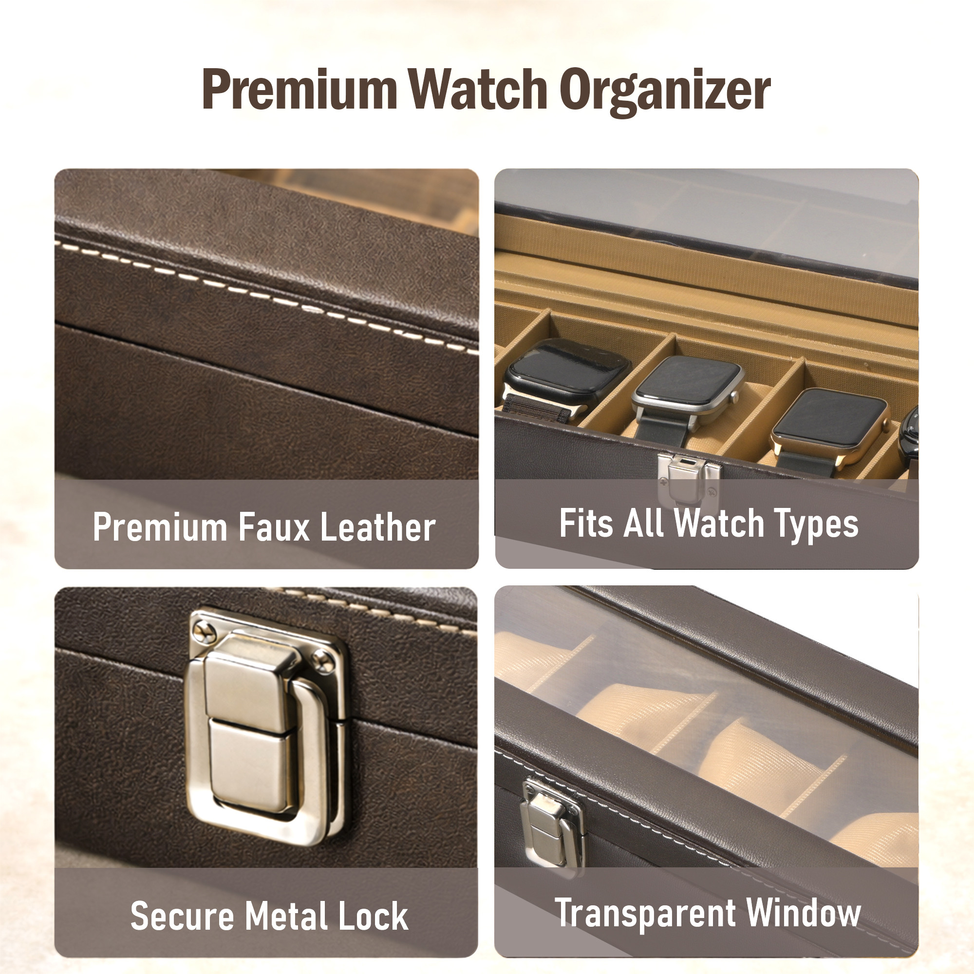 Faux Leather 6 Slots Wrist Watch Organiser Box with Transparent Lid  Watches Collection Case with Removable Soft Pillows  Brown  Golden