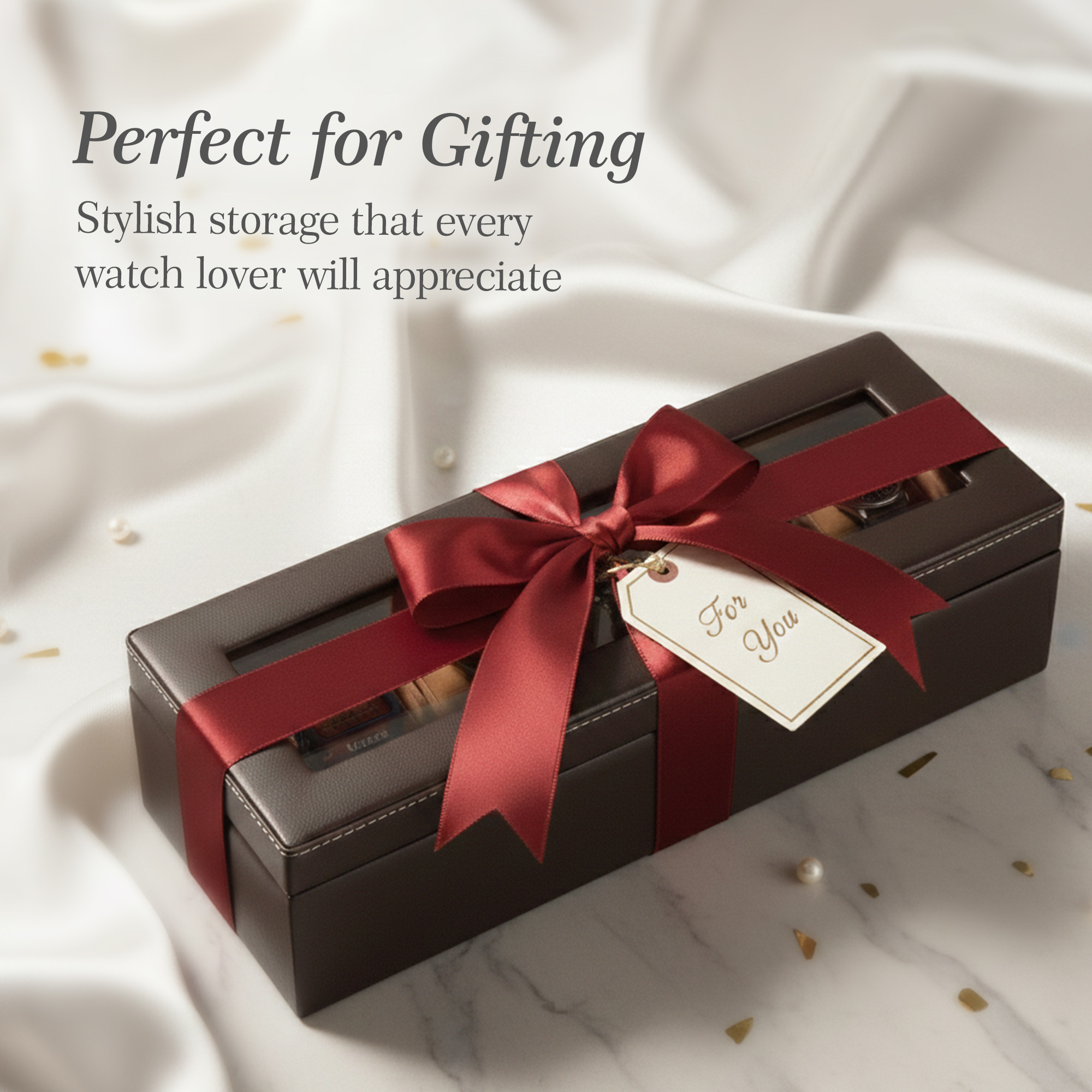 Faux Leather 6 Slots Wrist Watch Organiser Box with Transparent Lid  Watches Collection Case with Removable Soft Pillows  Brown  Golden