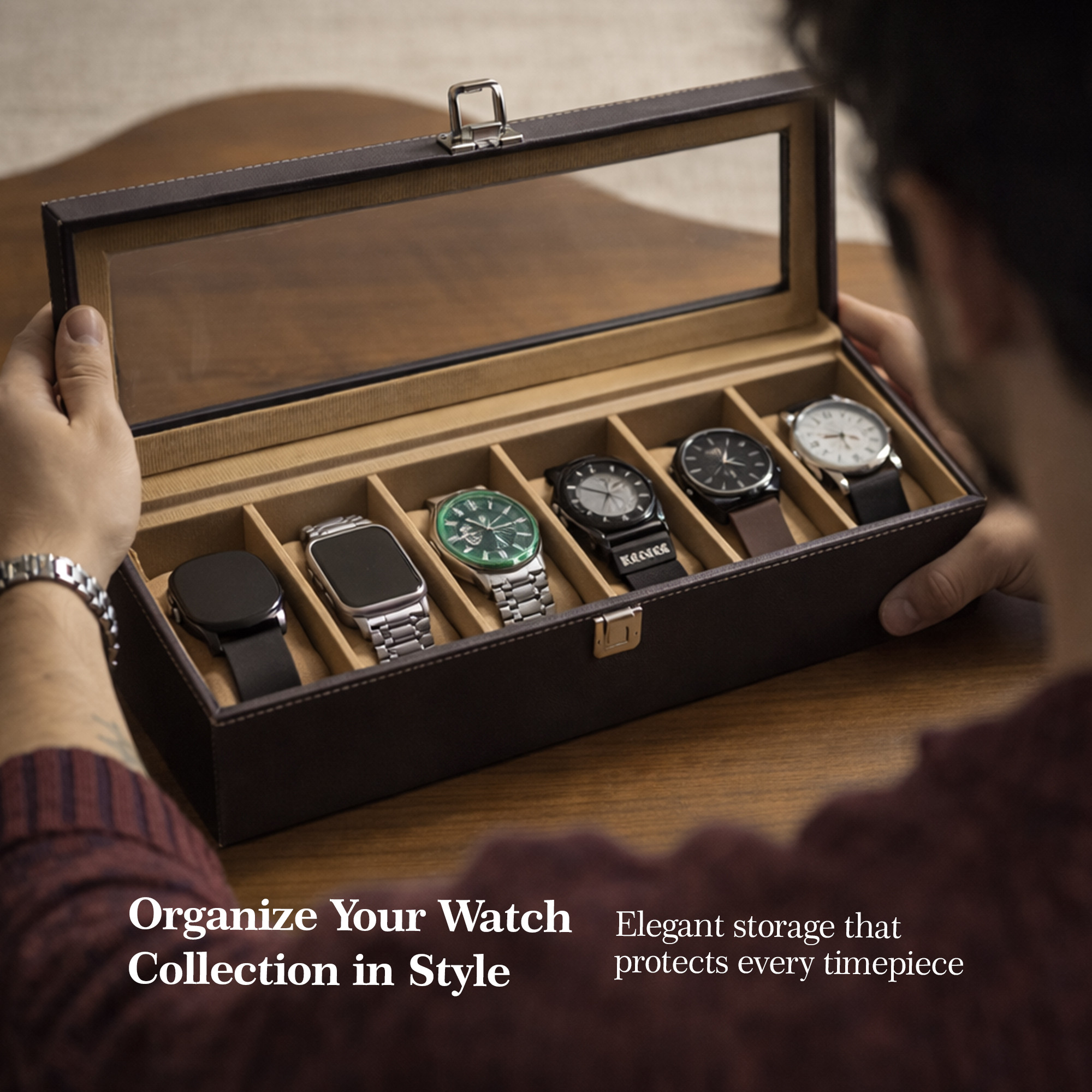 Faux Leather 6 Slots Wrist Watch Organiser Box with Transparent Lid  Watches Collection Case with Removable Soft Pillows  Brown  Golden