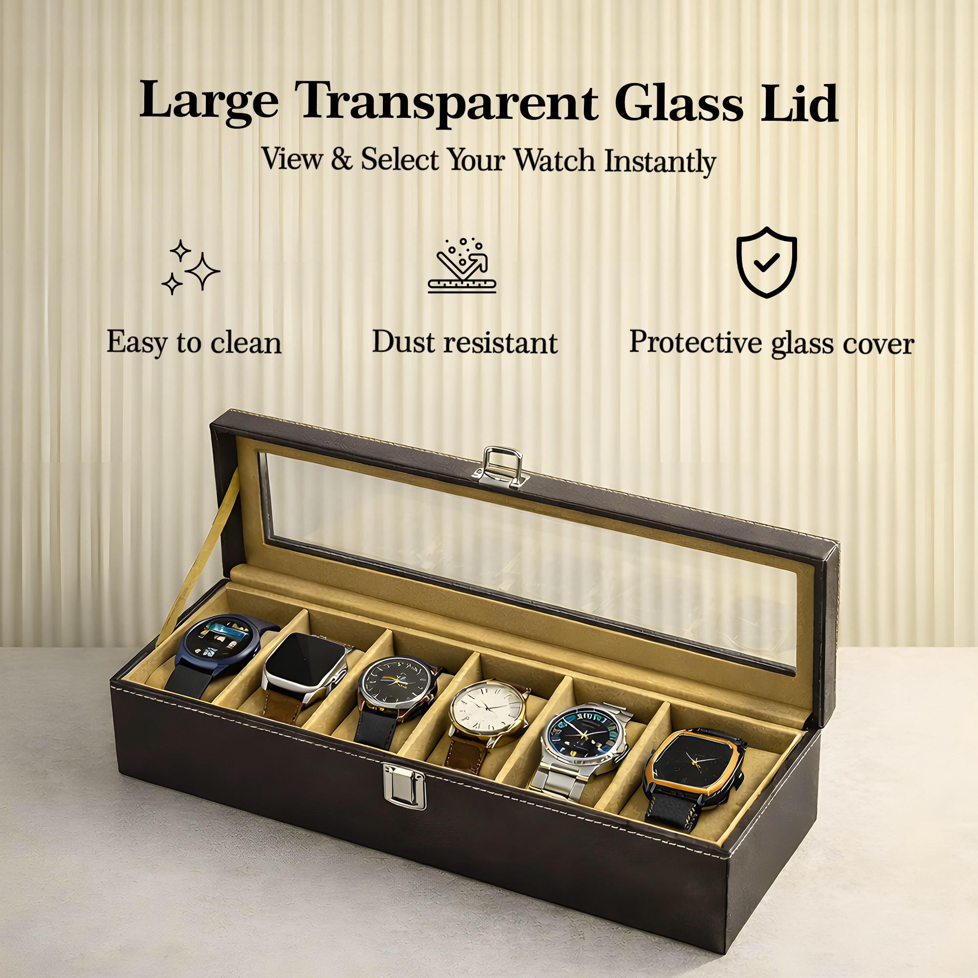 Faux Leather 6 Slots Wrist Watch Organiser Box with Transparent Lid  Watches Collection Case with Removable Soft Pillows  Brown  Golden