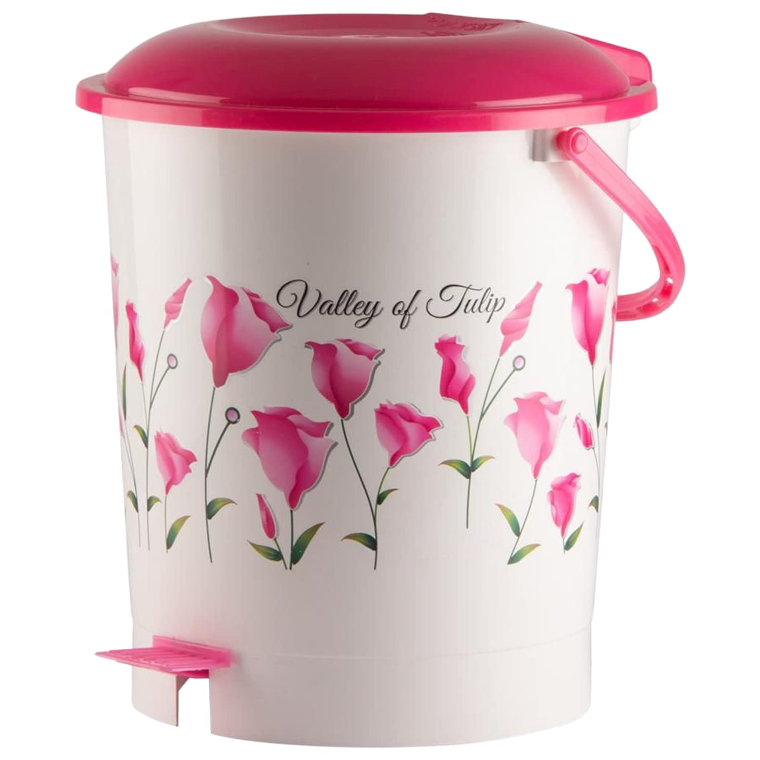 Floral Printed Multiuses Plastic Pedal Dustbin Waste Bin Trash Can With Handle 10 Litre Pink-47KM0763
