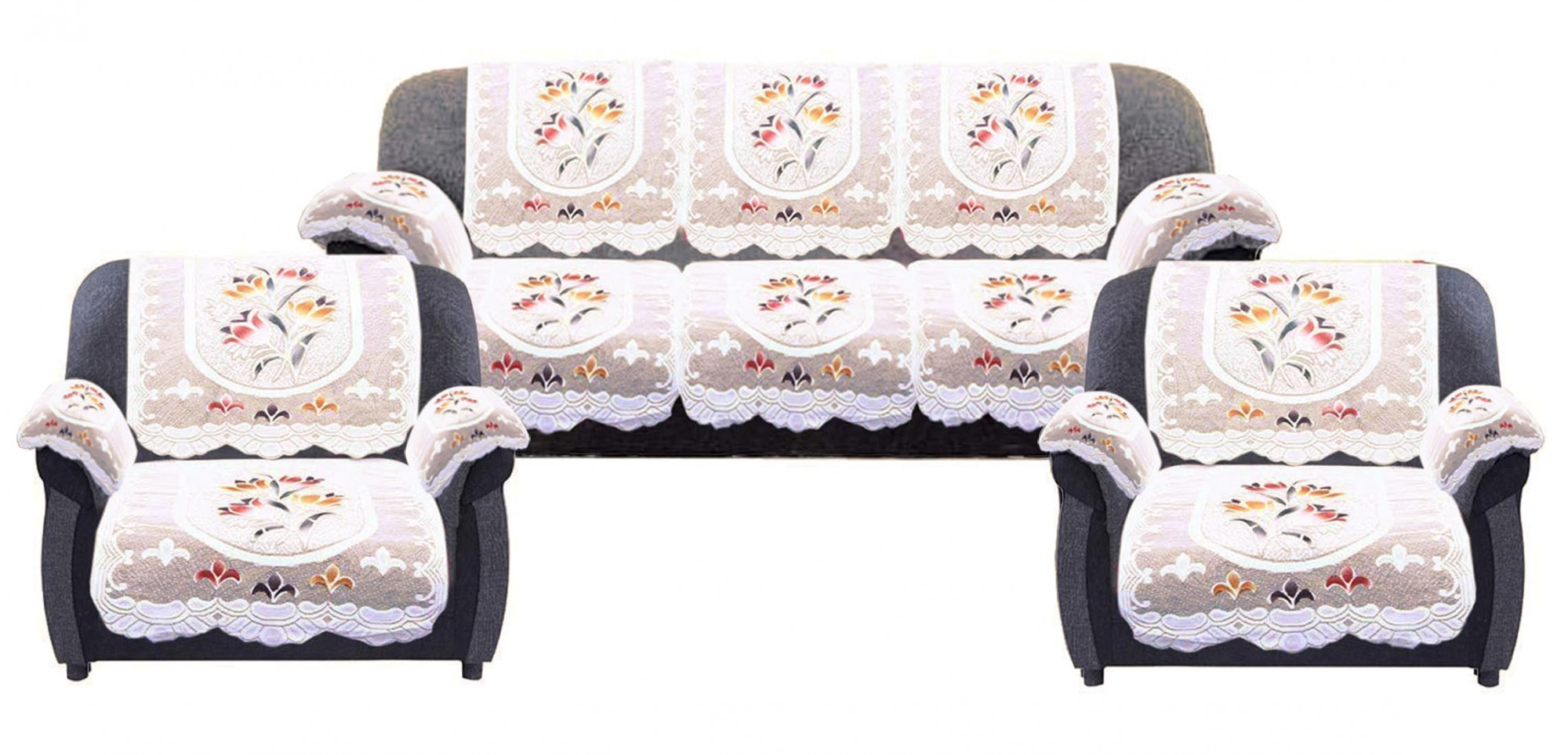 Flower Design Cotton 5 Seater Sofa Cover With 6 Pieces Arms cover Use Both Side Living Room Drawing Room Bedroom Guest Room Set Of16 Cream-KUBMART11985