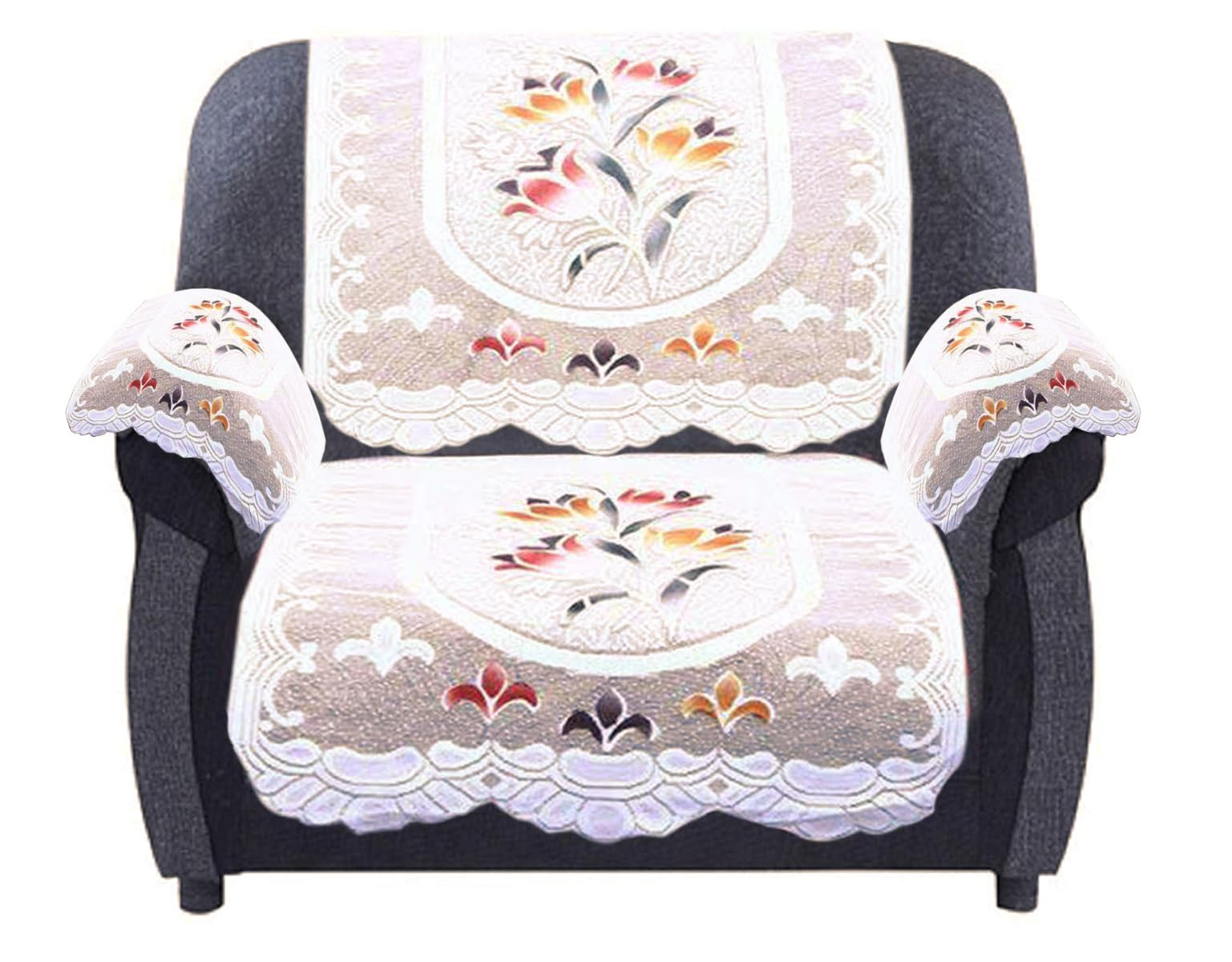 Flower Design Cotton 5 Seater Sofa Cover With 6 Pieces Arms cover Use Both Side Living Room Drawing Room Bedroom Guest Room Set Of16 Cream-KUBMART11985