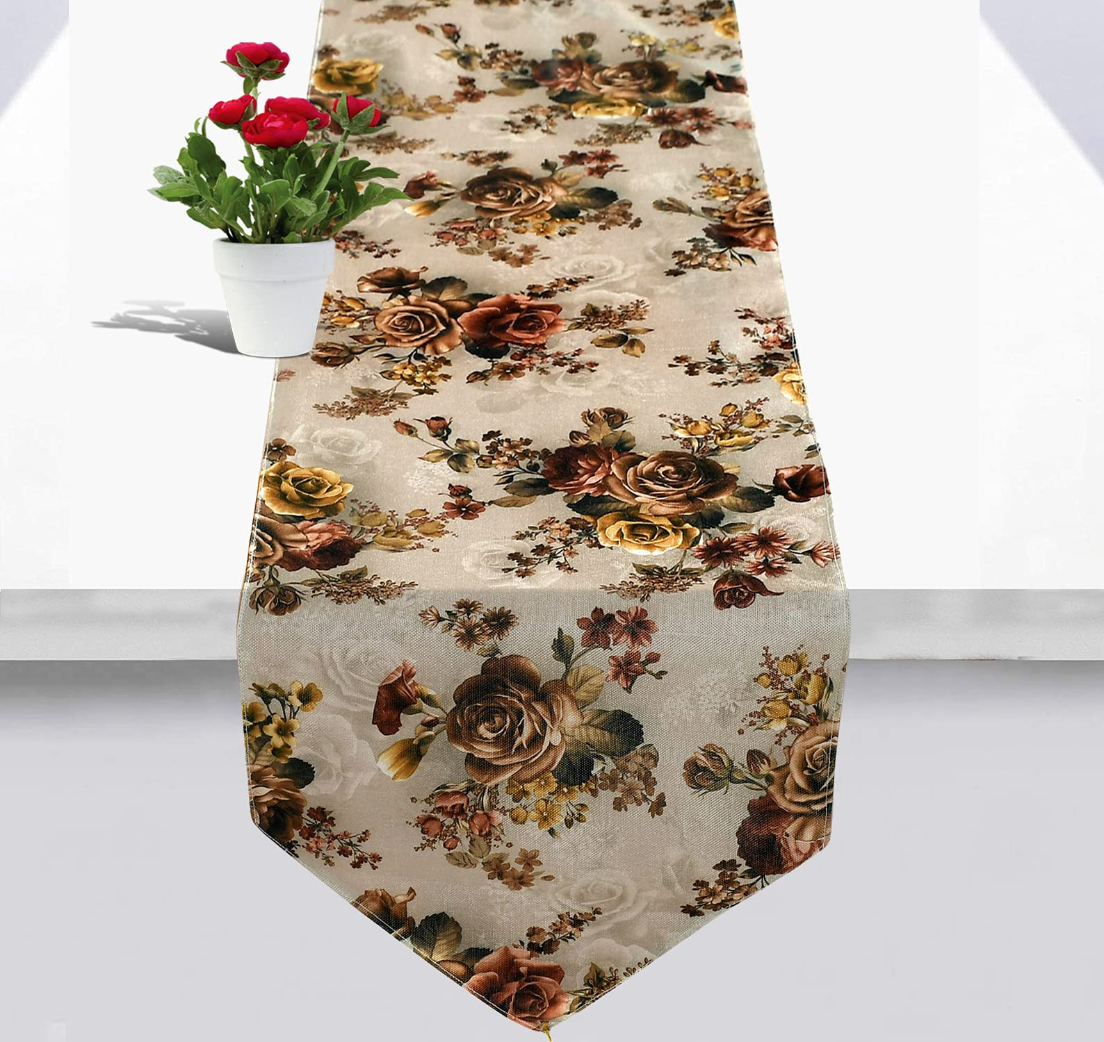 Flower Design Cotton Table Runner for Family Dinners or Gatherings Indoor or Outdoor Parties  Everyday Use 16x68inch Brown