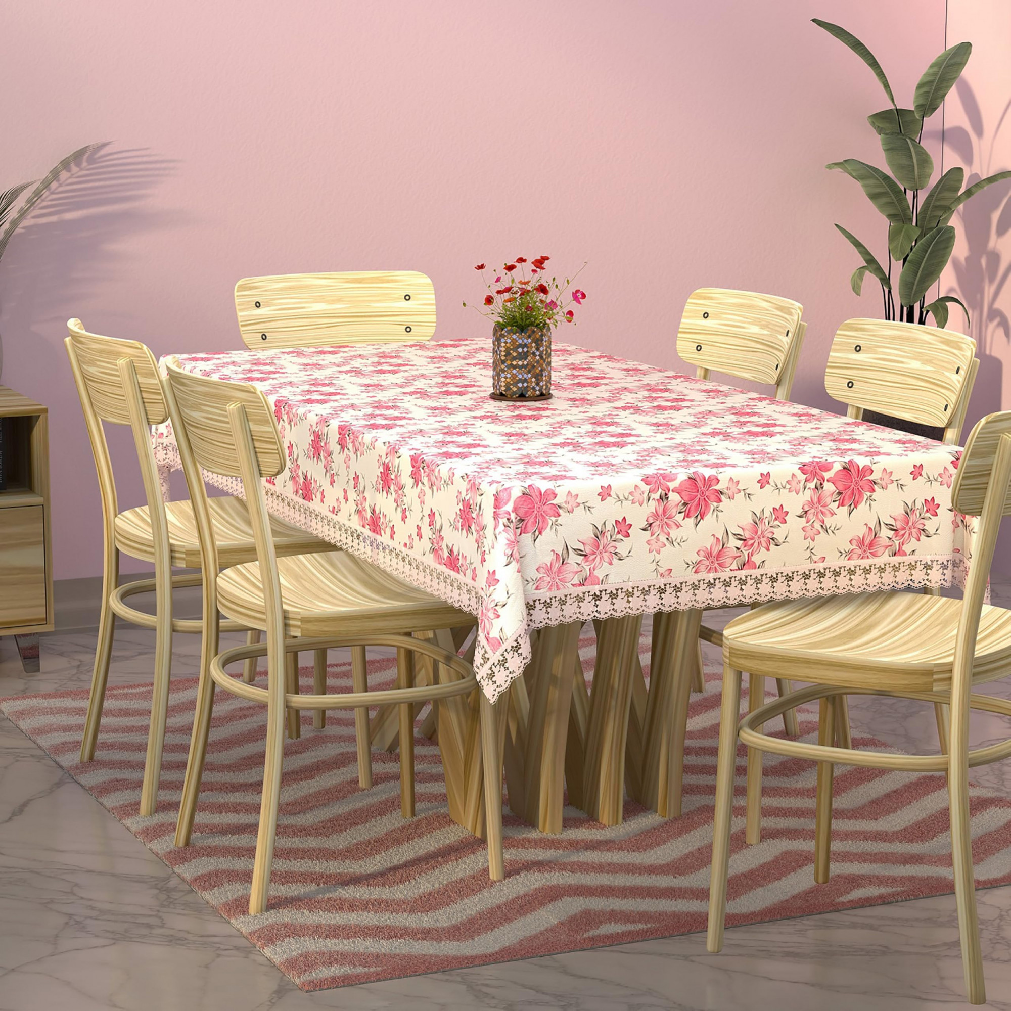 Flower Print PVC Table Cover for Dining Table and 6 Seater Dining TablePink  White-KUBMART11752