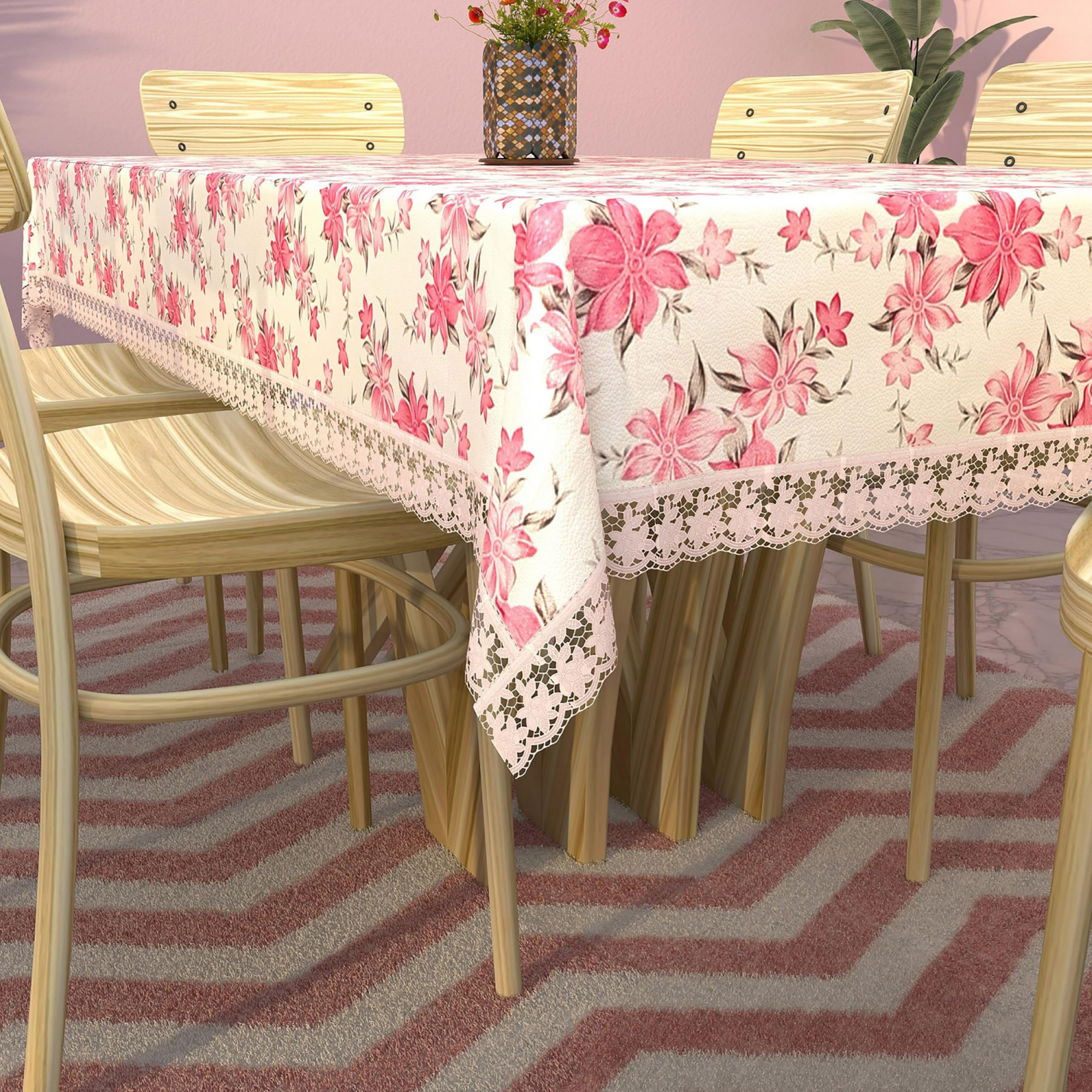 Flower Print PVC Table Cover for Dining Table and 6 Seater Dining TablePink  White-KUBMART11752