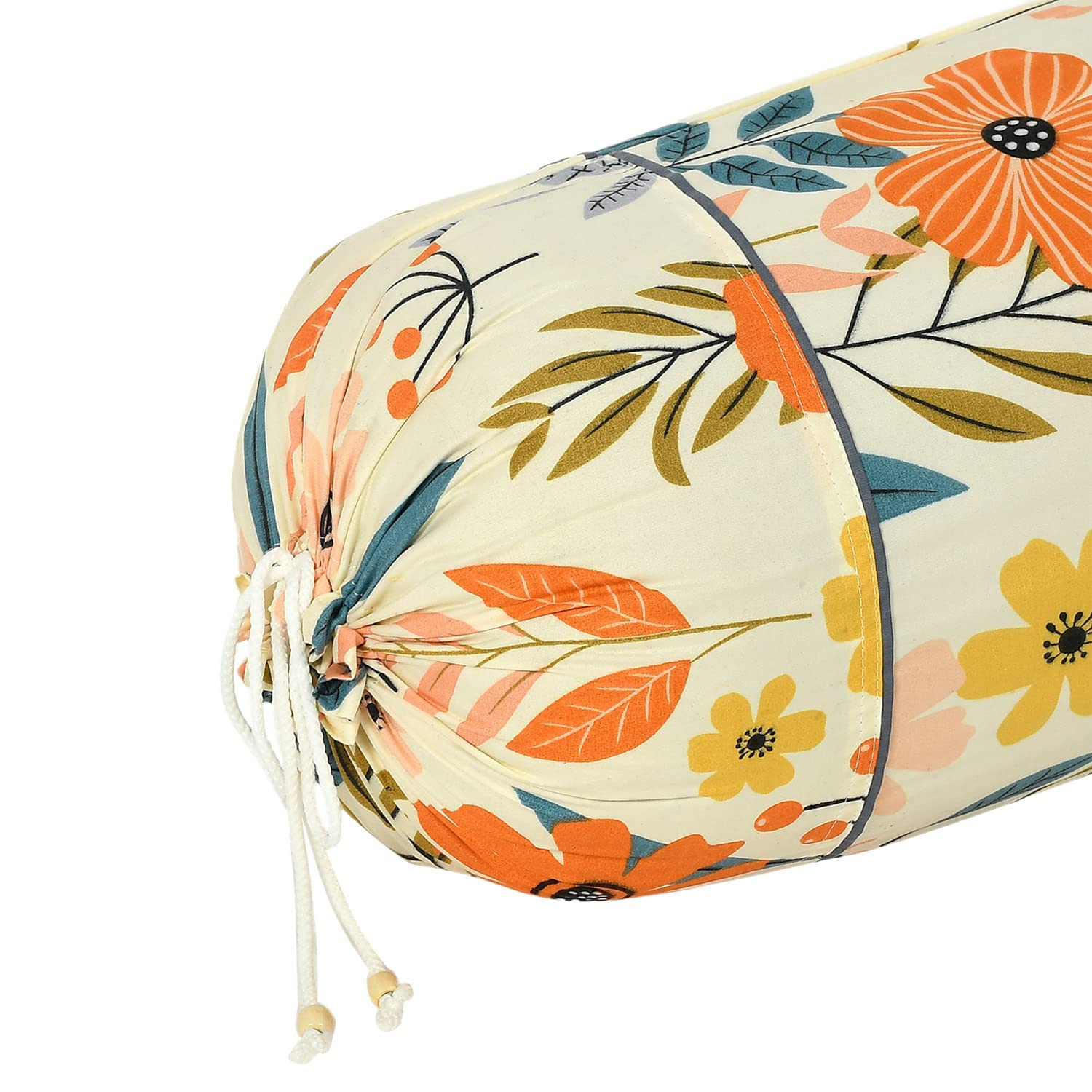 Flower Printed Cotton Bolster Cover- Set of 2 16x32 Brown  White-44KM0141