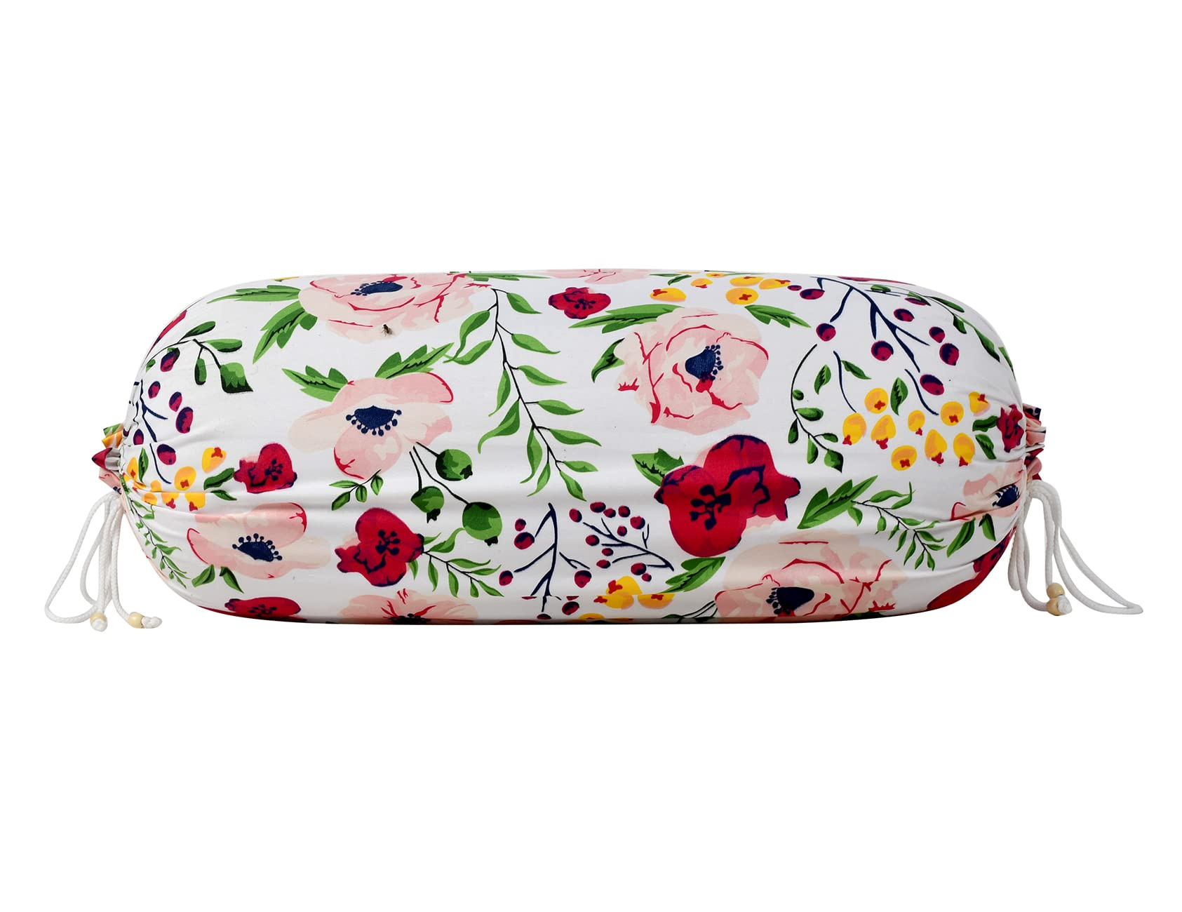 Flower Printed Cotton Bolster Cover- Set of 2 16x32 White  Pink-44KM0129