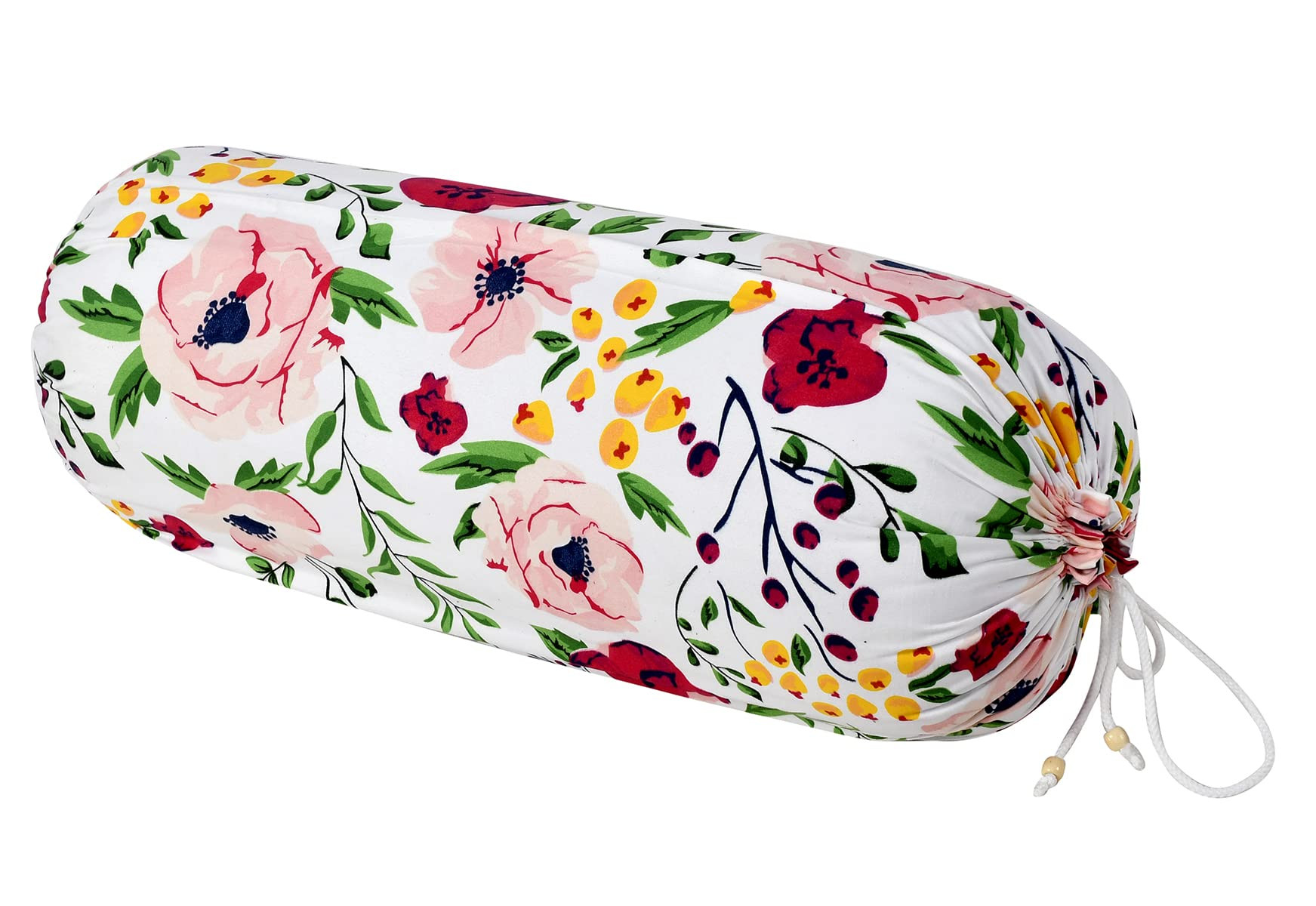Flower Printed Cotton Bolster Cover- Set of 2 16x32 White  Pink-44KM0129