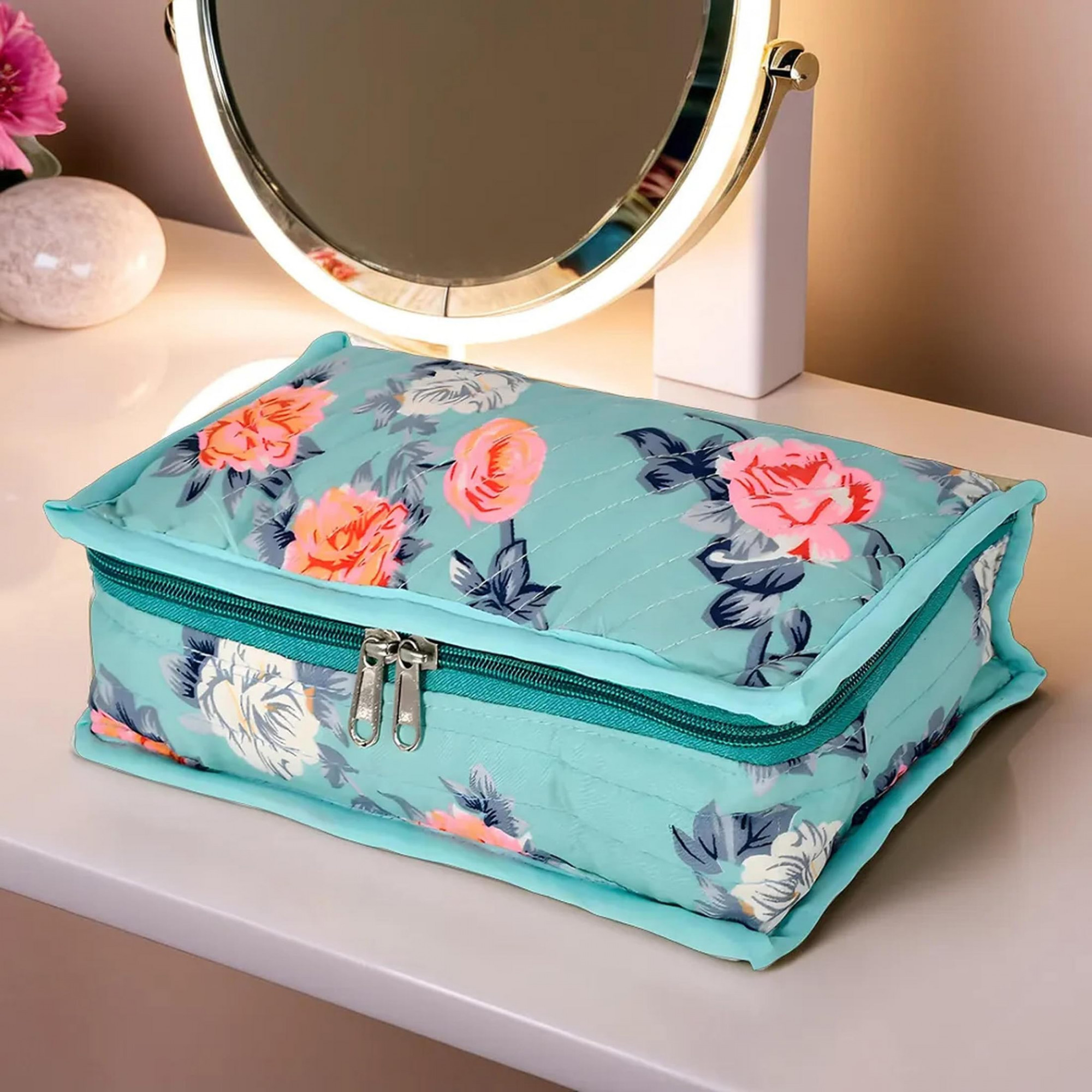 Flower Printed Cotton Jewellery Organizer With 6 Transparent Pockets For Keeps Your JewelleryEarrings Necklaces Organized And Secure Green