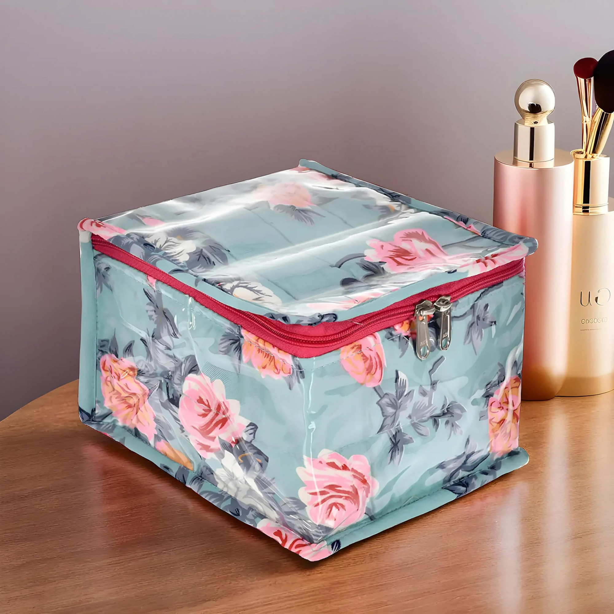 Flower Printed Laminated PVC Jewellery OrganiserStorage Bag for Necklace Earrings Rings Bracelet With 10 Transparent Pouches Green-45KM021