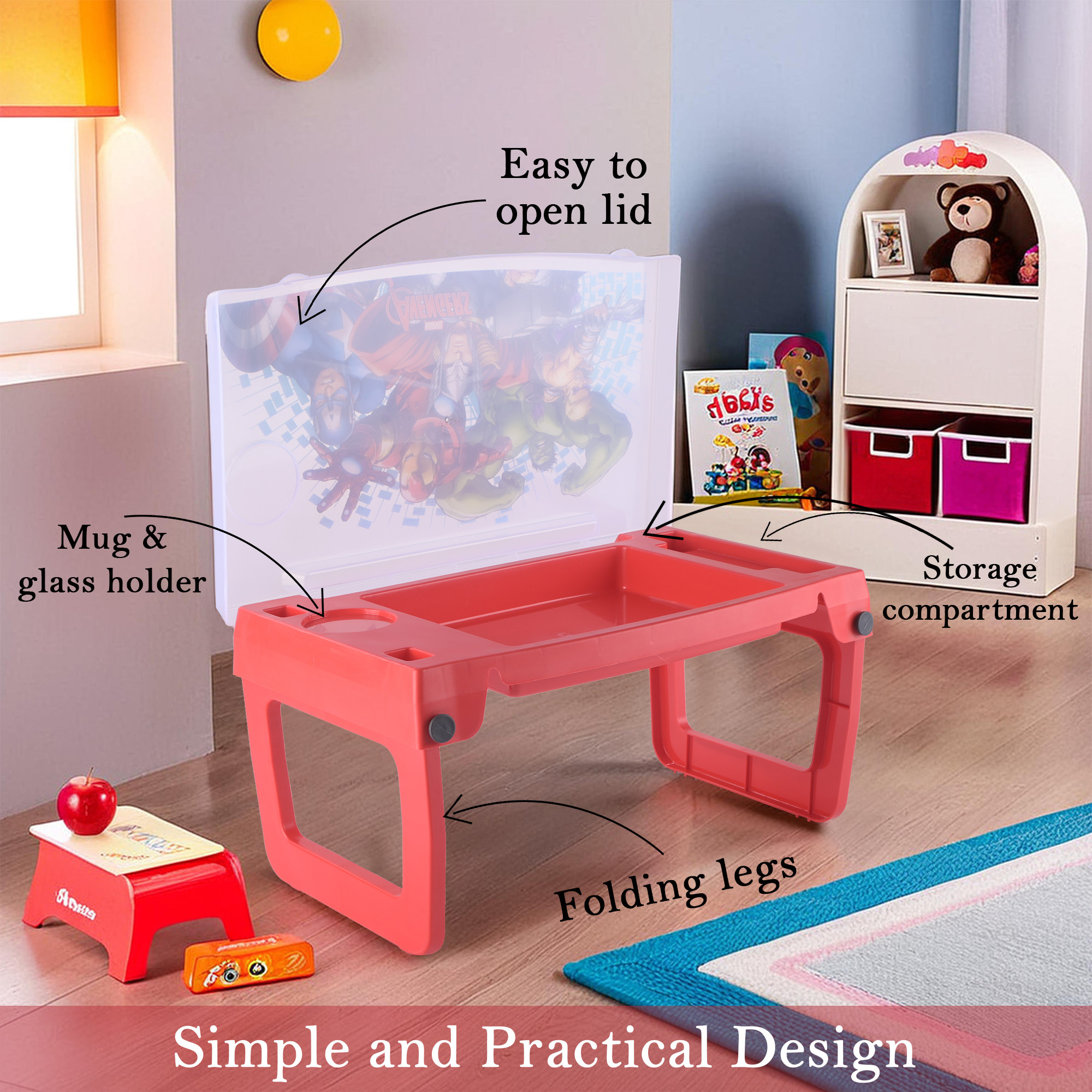 Foldable  Portable Study Table For Students with Transparent Flap Cover  Cup Slot  Light Weight Bed Table For Reading Writing  Meals  Marvel Avengers - Red
