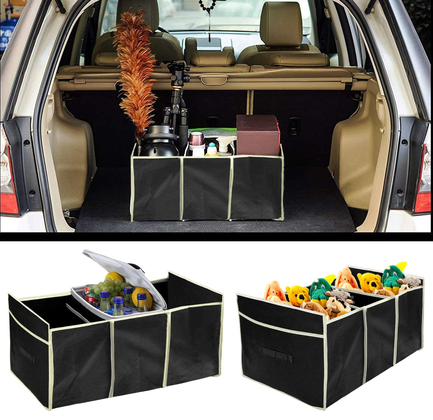 Foldable Trunk Storage Organizer Reinforced Handles Suitable for Any Car SUV Mini-Van Black
