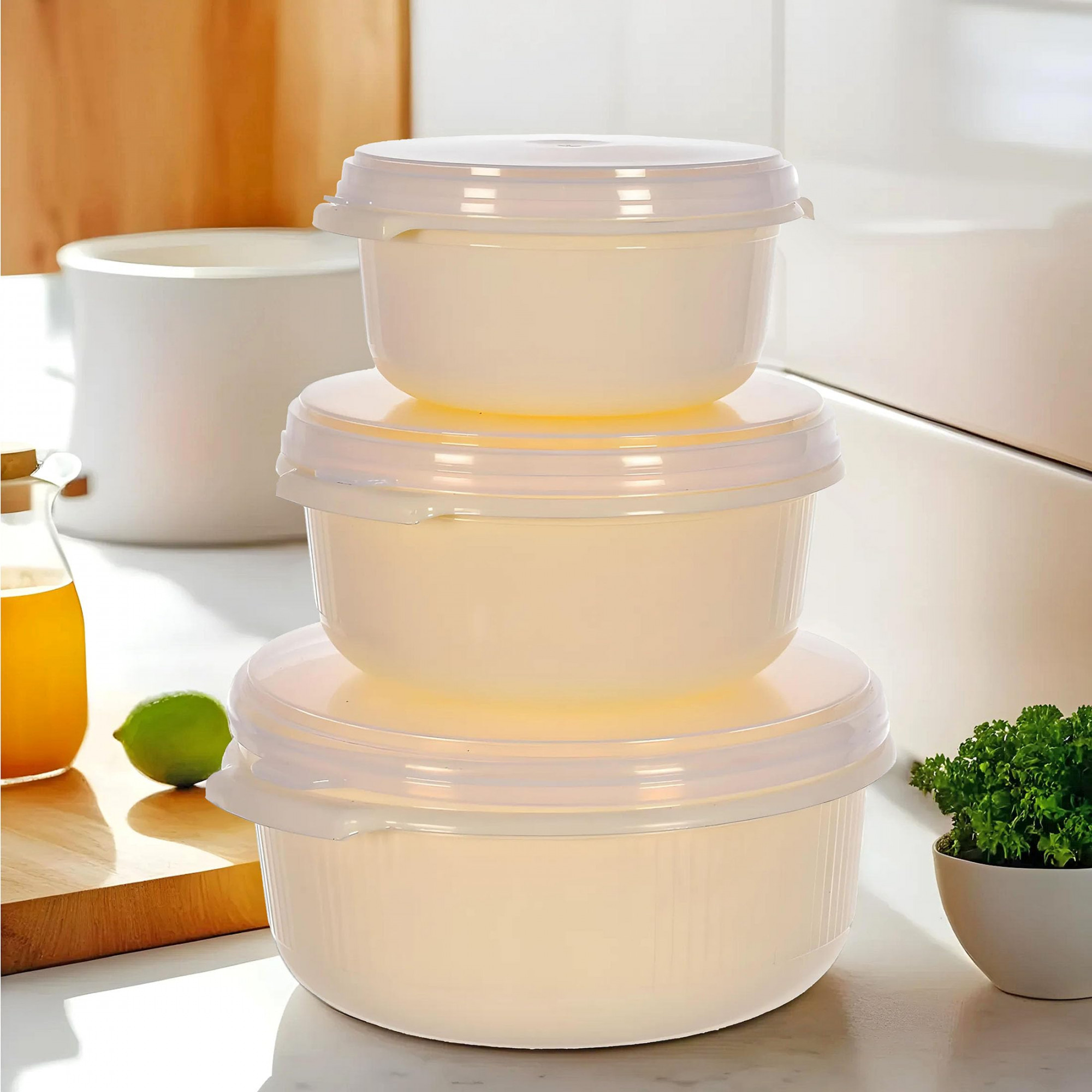 Food Grade Microwave  Freezer Safe Plastic Bowls Food Storage Container Set With Lid Set of 3 3200ml 1800ml 1000ml Cream-46KM0318