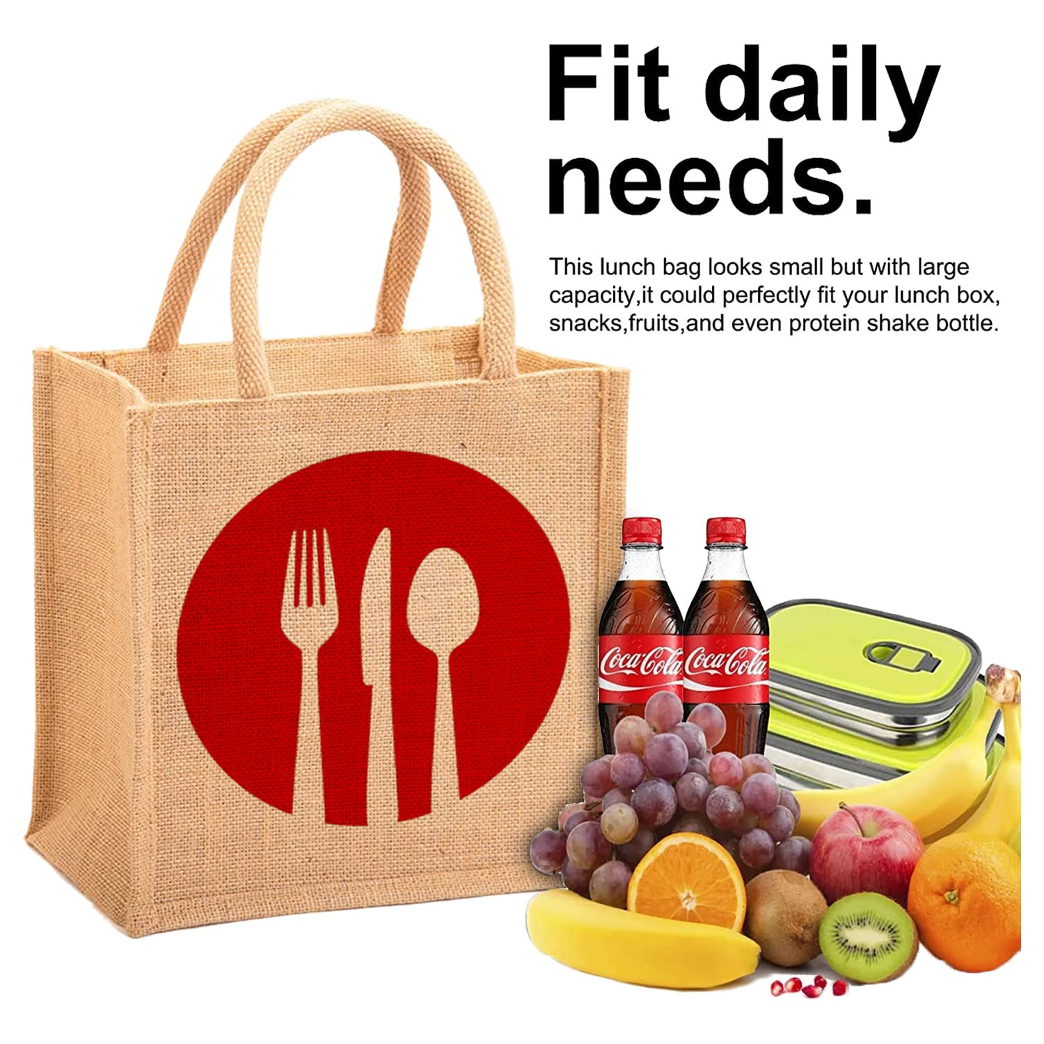 Fork Knife Print Jute Reusable Eco-Friendly Hand BagGrocery Bag For Man Woman With Handle Red 54KM4357