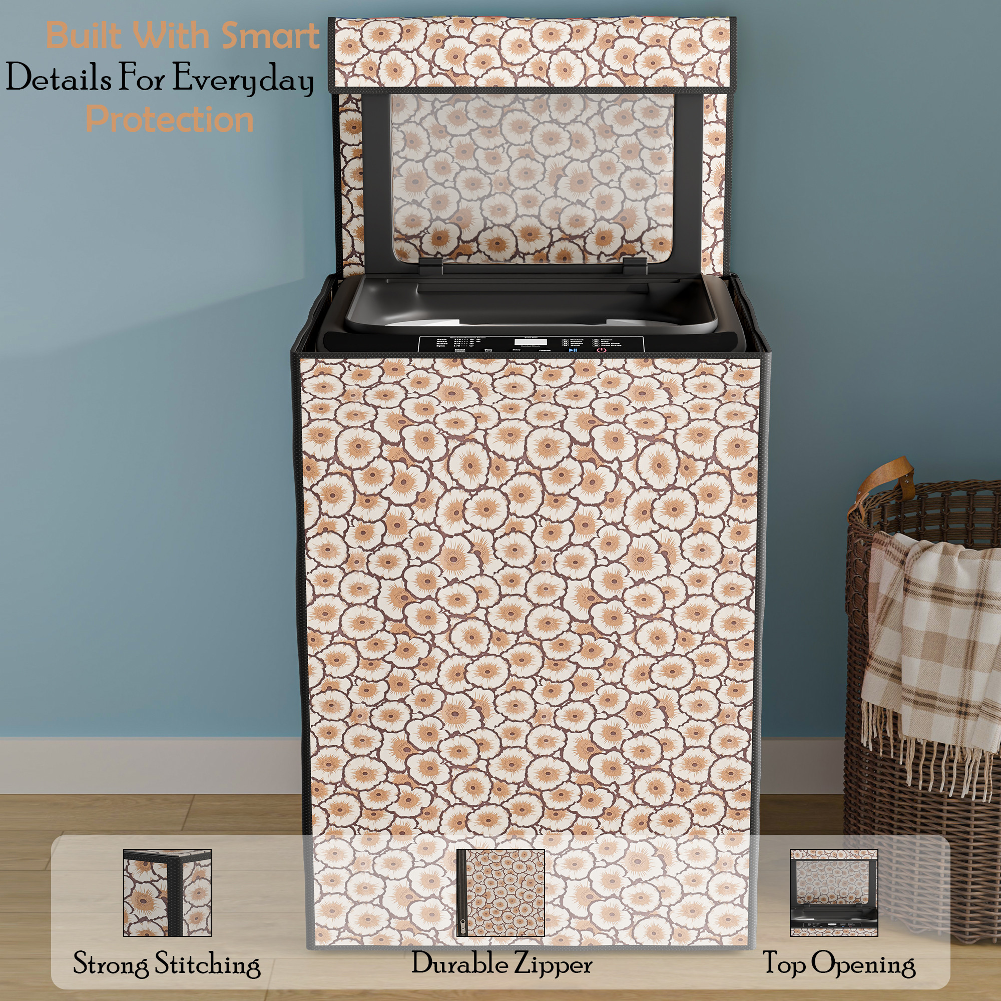 Fully Automatic Top Load Washing Machine Cover Compatible  Waterproof  Dustproof Cover for Balcony  Laundry Area  Cut Out - Cream  Brown