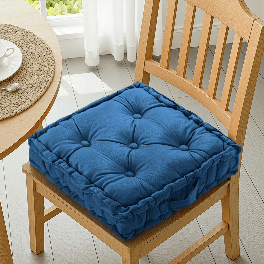 Image of Heavy Velvet Chair Pad for Dining, Office &amp; Home | Soft Cushion with Center Tuft | Support for Long Sitting | Navy Blue
