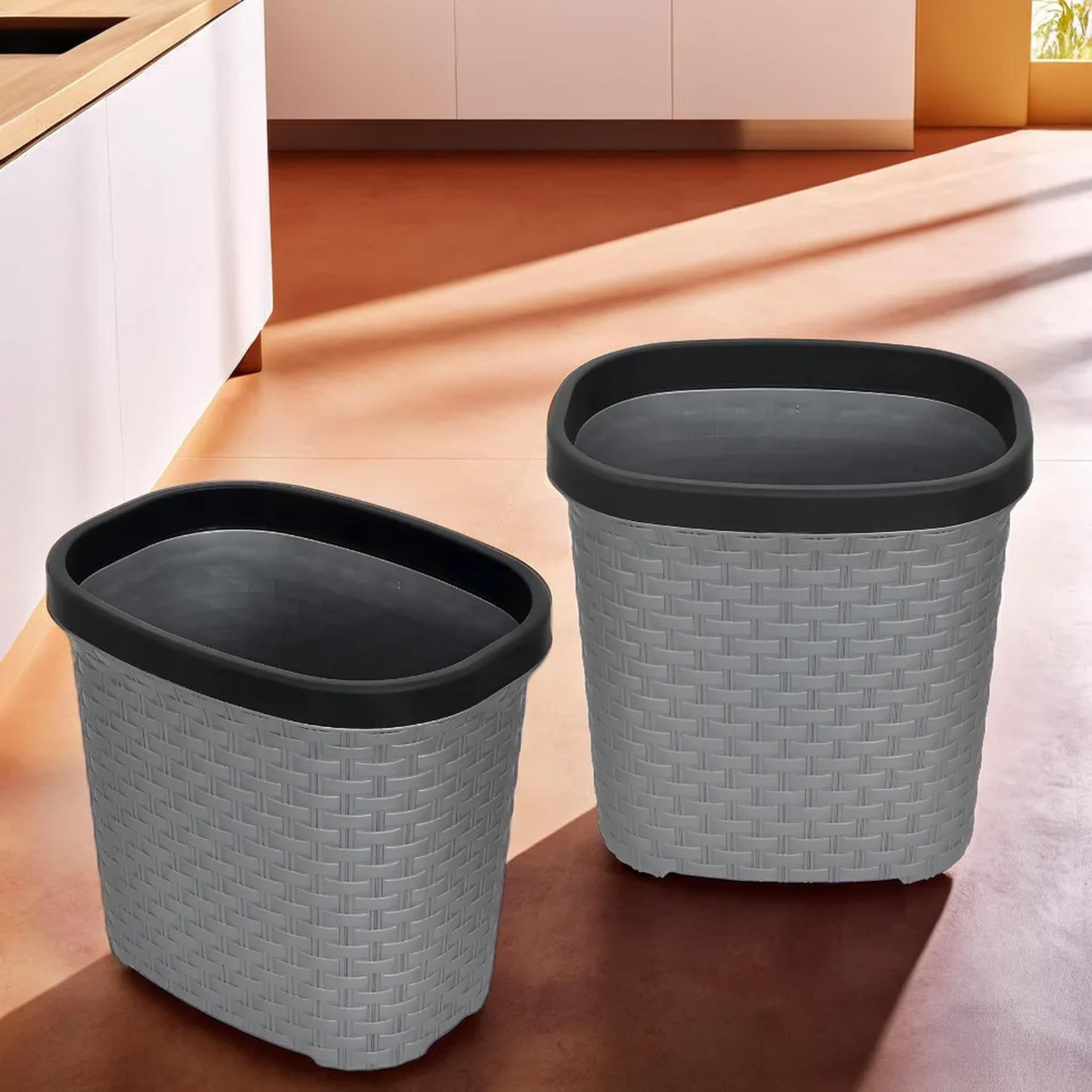 Plastic Open Dustbin Garbage Bin Trash Can Waste Bin  7 Litre- Pack of 2 Grey-47KM0713