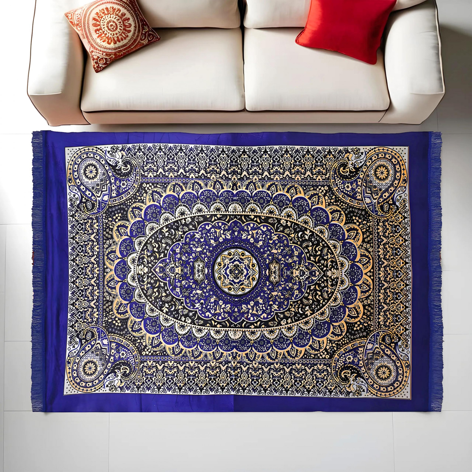 CarpetWater Absorption Kalamkari Paisley Pattern Floor MatVelvet Sitting Carpet for Hall Living Room 5x7 Feet Navy Blue